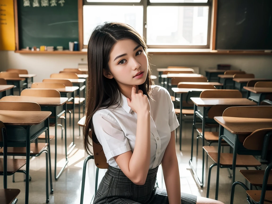 Beautiful  Woman , Sit on a chair ,classroom