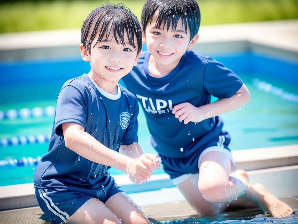 hot summer、、Summer swimming pool、Have fun、Get wet all over、Japan Boy、Glowing water splashes、Pool lessons、Boy playing in water、The happy boys、Strong sunlight、Short sleeve gym uniform、Blue shorts、barefoot,Boys only 、10age、high resolution、masterpiece