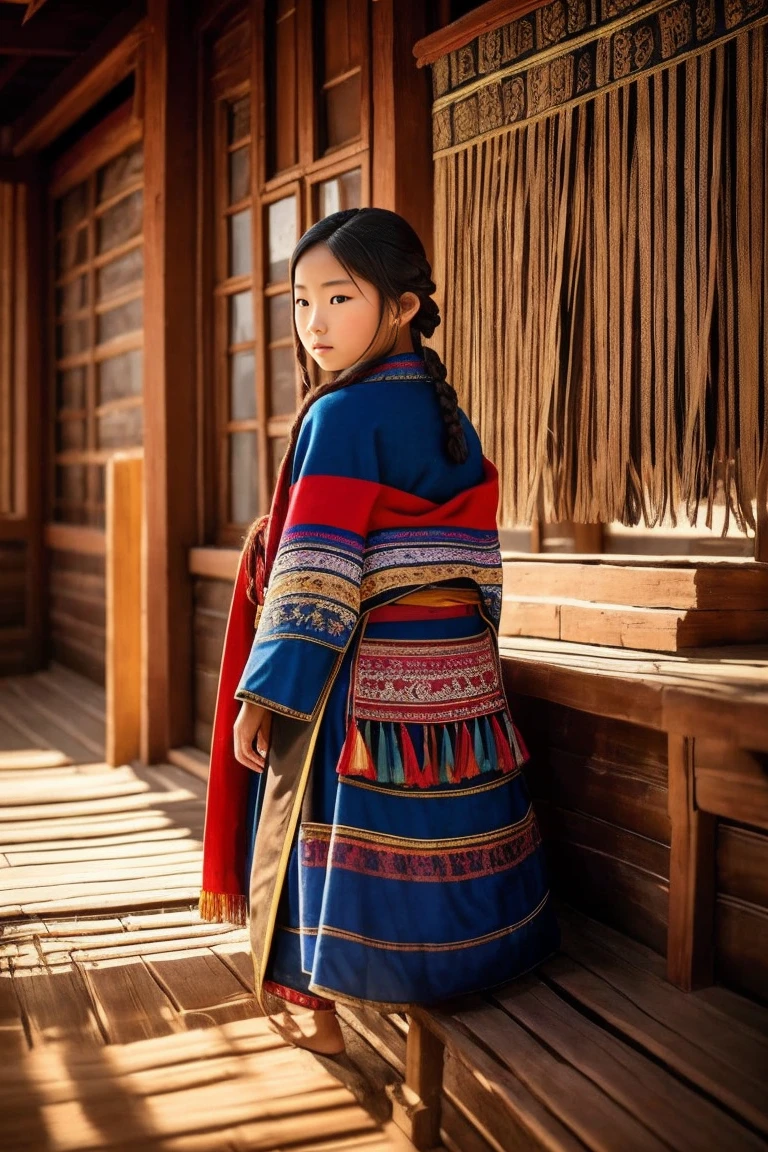 surrealism, Verism, Chiaroscuro, Depth of field, Cinematic lighting, movie picture quality,strong contrast of light and shadow,back lit lighting, filmgrain, hyper HD, Masterpiece, ccurate, Textured skin, Super detail, High details, High quality, Best quality, A high resolution, 8K,The scene is the scenery of the Qinghai-Tibet Plateau,There are snowy mountains,prayer flags,wooden cabin,「A beautiful 28-year-old Tibetan girl」,The costumes are Tibetan art costumes,Photographic style