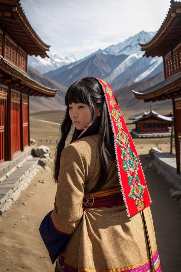 surrealism, Verism, Chiaroscuro, Depth of field, Cinematic lighting, movie picture quality,strong contrast of light and shadow,back lit lighting, filmgrain, hyper HD, Masterpiece, ccurate, Textured skin, Super detail, High details, High quality, Best quality, A high resolution, 8K,The scene is the scenery of the Qinghai-Tibet Plateau,There are snowy mountains,prayer flags,wooden cabin,「A beautiful 28-year-old Tibetan girl」,The costumes are Tibetan art costumes,Photographic style
