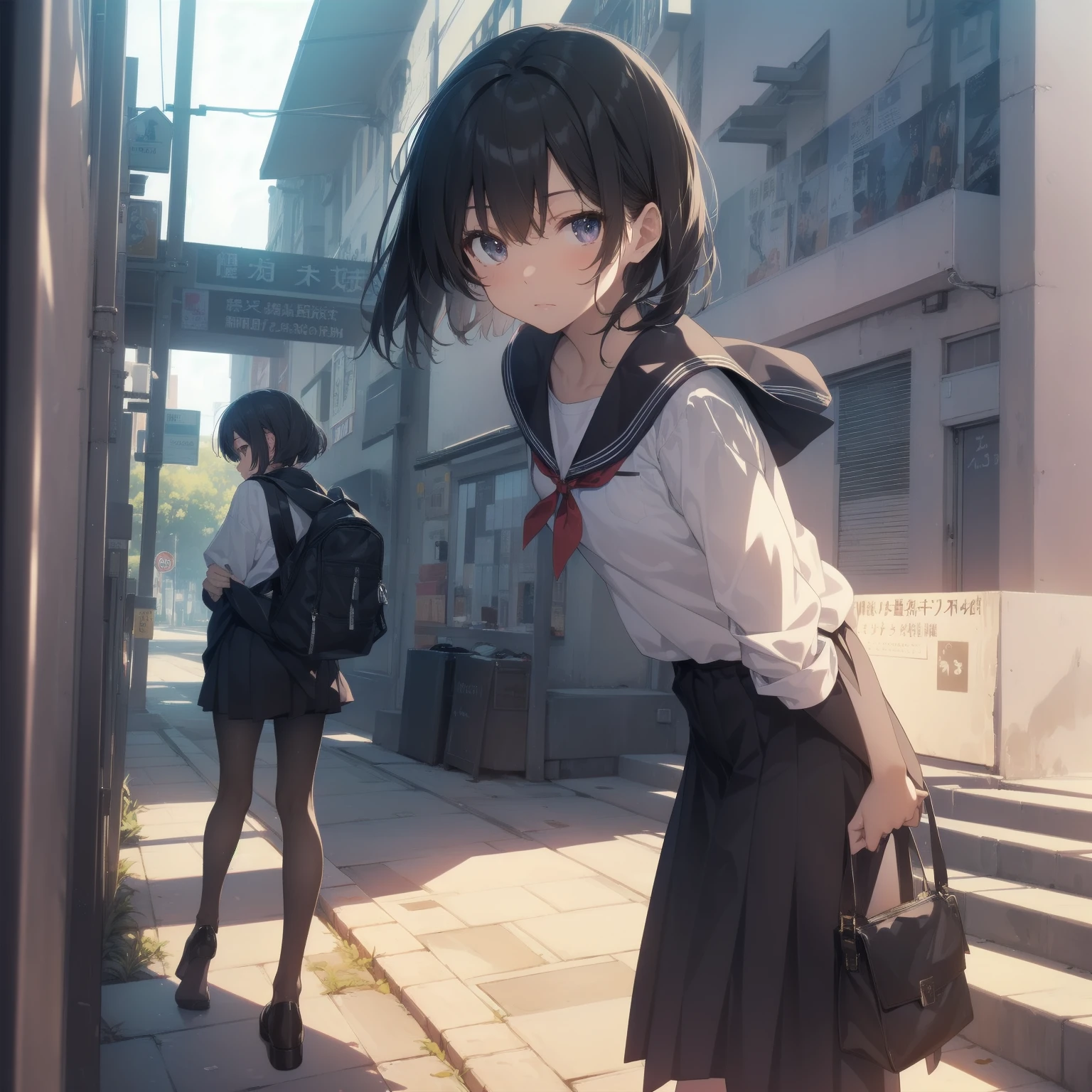ultra-absurdres-Top quality by artist God, ultra-detailed, high resolution, anime moe artstyle, best anime 8k konachan wallpaper, pixiv contest winner, pool:2810, perfect anatomy,break, 1girl, (Please draw a girl walking sleepily to school alone. )break,(Solo,little female, 13-year-old:1.3),Full limbs, complete fingers,a junior high school student, (very short hair), short cut, flat chest, , small butt, small black eyes, beautiful detailed eyes, well-proportioned iris and pupils, expressive eyes, highres detailed hair, soft expression, salor school_uniform, sailor collar, serahuku, bow, pleated skirt,(Detailed Lighting), (Detailed background), in the School commute route. break,super detailed skin, Best cinematic lighting powered by famous artist, 8k,beauty illustration,photoshop_(medium),very aesthetic,break,((artist:mizuki_makoto )), artist:clamp ,artist:carnelian ,artist:kantoku ,
