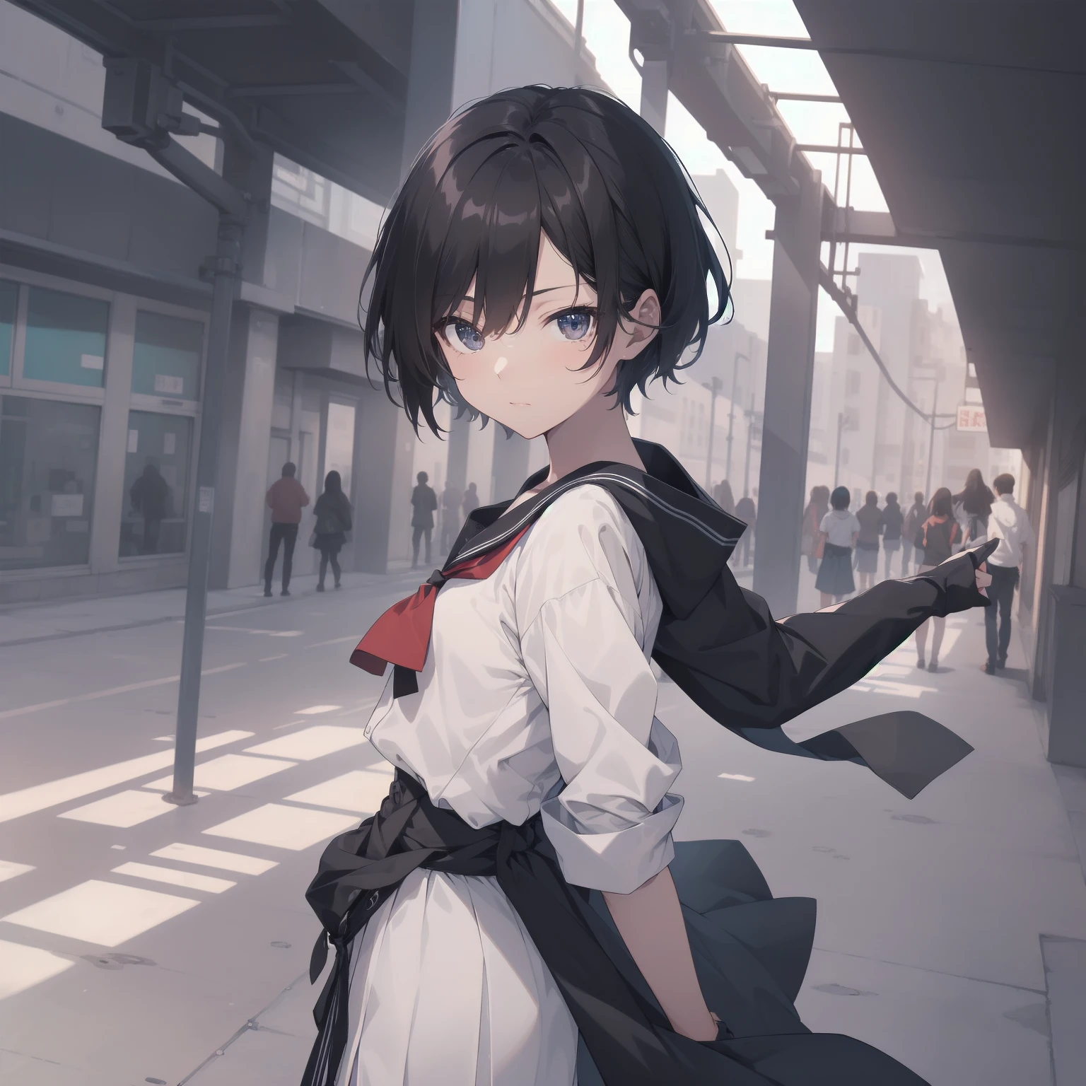 ultra-absurdres-Top quality by artist God, ultra-detailed, high resolution, anime moe artstyle, best anime 8k konachan wallpaper, pixiv contest winner, pool:2810, perfect anatomy,break, 1girl, (Please draw a girl walking sleepily to school alone. )break,(Solo,little female, 13-year-old:1.3),Full limbs, complete fingers,a junior high school student, (very short hair), short cut, flat chest, , small butt, small black eyes, beautiful detailed eyes, well-proportioned iris and pupils, expressive eyes, highres detailed hair, soft expression, salor school_uniform, sailor collar, serahuku, bow, pleated skirt,(Detailed Lighting), (Detailed background), in the School commute route. break,super detailed skin, Best cinematic lighting powered by famous artist, 8k,beauty illustration,photoshop_(medium),very aesthetic,break,((artist:mizuki_makoto )), artist:clamp ,artist:carnelian ,artist:kantoku ,