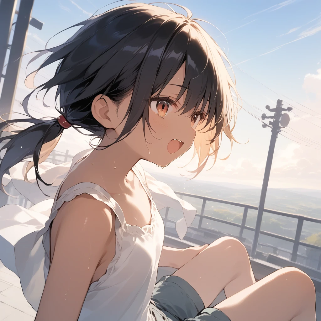 score_9, score_8_up, score_7_up, source_anime, best quality, masterpiece, official art, absurdres, highres, ultra-detailed,waifu2x,Collection: Slice of Life,break,1girl, tomboy, dark-skinned female, short hair, low ponytail, flat chest, beautiful detailed eyes, short shorts, sweat, open mouth, (yawn:0.3), sleepily, outdoors, wind,break,(clear line illustration:1.2), super detailed skin,very high resolution, very aesthetic, Best sexual lighting powered by famous artist, 8k,cute picture,beauty illustration,photoshop_(medium),,(Detailed Lighting),best anime 8k konachan wallpaper, pixiv contest winner,
