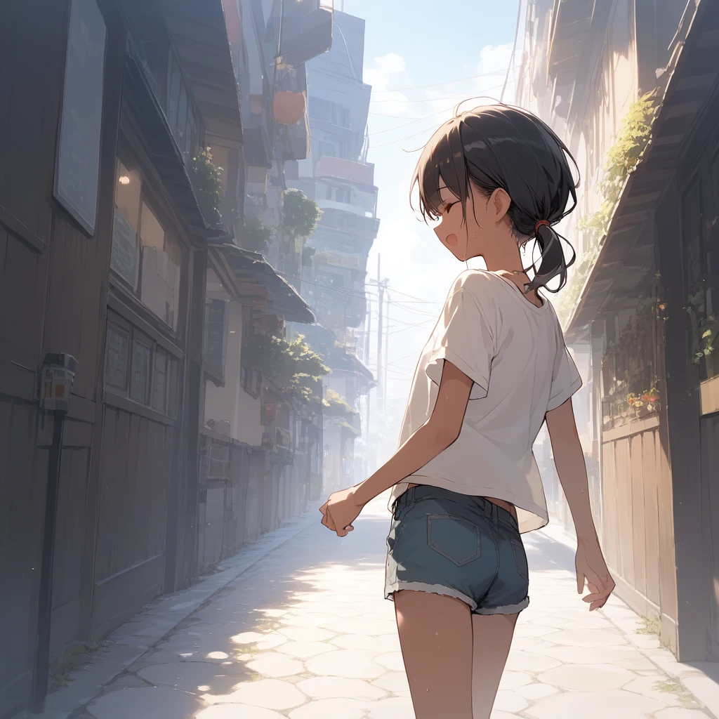 score_9, score_8_up, score_7_up, source_anime, best quality, masterpiece, official art, absurdres, highres, ultra-detailed,waifu2x,Collection: Slice of Life,break,1girl, tomboy, dark-skinned female, short hair, low ponytail, flat chest, beautiful detailed eyes, short shorts, sweat, open mouth, (yawn:0.3), sleepily, outdoors, wind,break,(clear line illustration:1.2), super detailed skin,very high resolution, very aesthetic, Best sexual lighting powered by famous artist, 8k,cute picture,beauty illustration,photoshop_(medium),,(Detailed Lighting),best anime 8k konachan wallpaper, pixiv contest winner, 