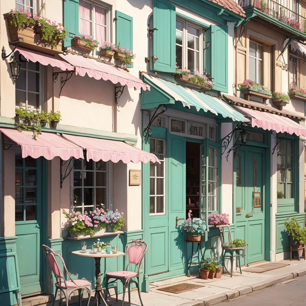 Create a unreal watercolor illustration of a charming French café façade, featuring light aqua green tones with pink accents. The scene should include a table and two chairs on the right and a pink bicycle with a basket of flowers on the left. Add some pink flowers to the façade for additional detail. The composition should capture the quaint and inviting atmosphere of a French café