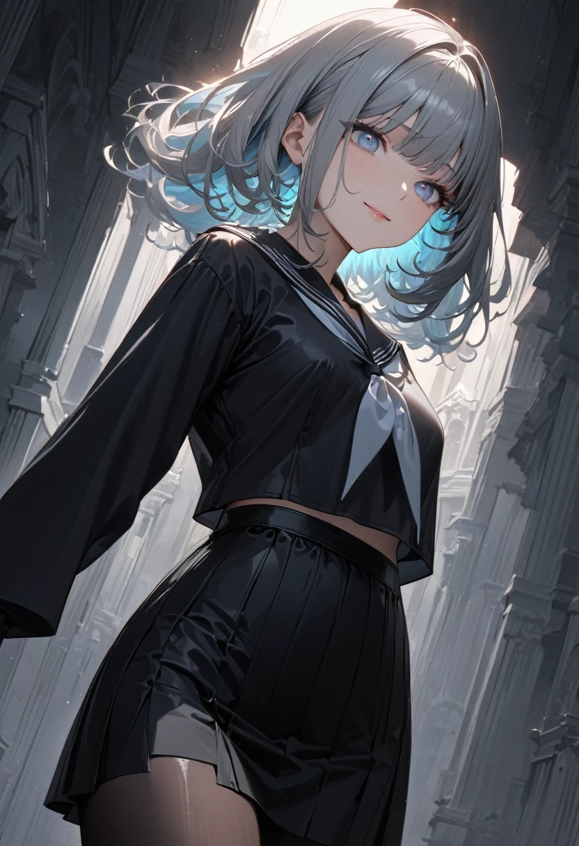 (((masterpiece:1.2, best quality, ultra detailed))),dynamic angle, cowboy shot, 1 girl, black sailor suit, long sleeves, black medium skirt, detailed pantyhose, standing, (delicate ash gray hair:1.1), light blue inner color hair, BREAK, flipped medium hair, detailed pretty face, light smile, detailed eyes, dramatic lighting, summer sky, outdoor