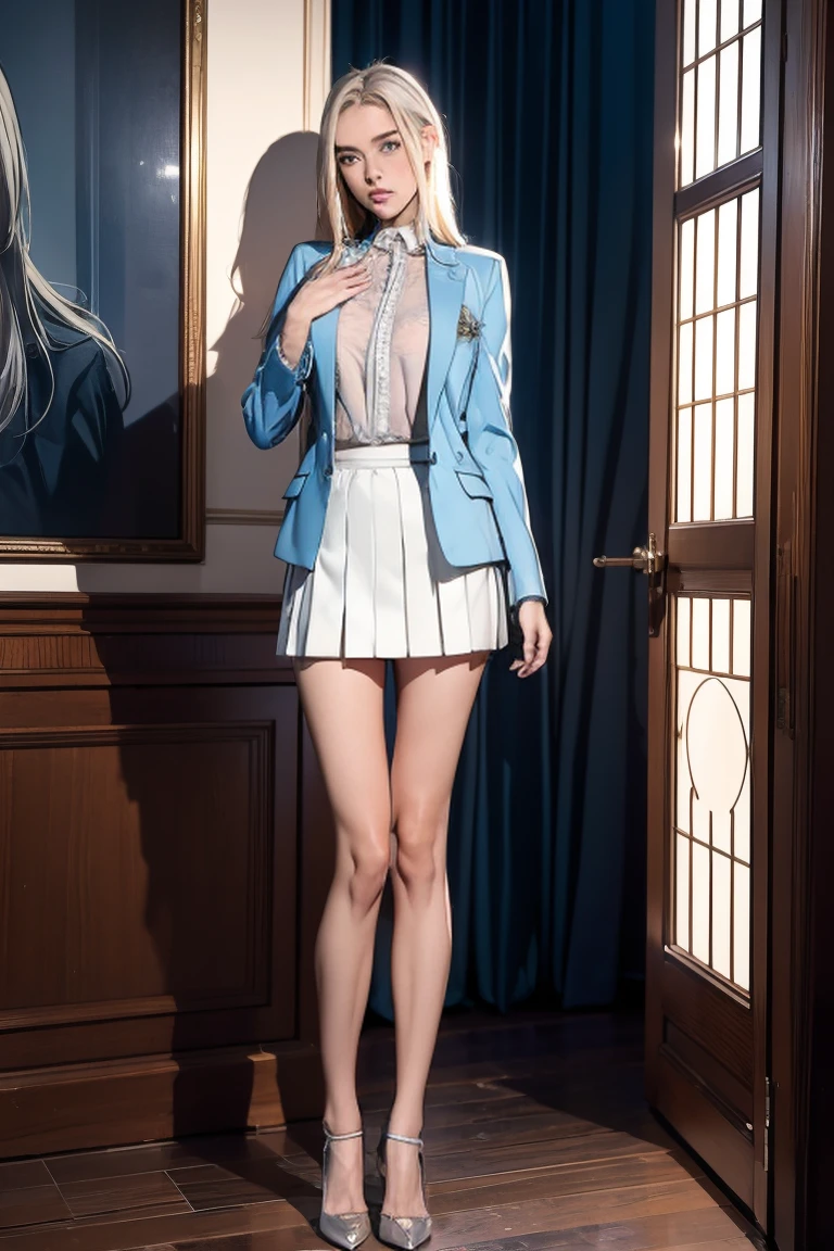 ((masterpiece,best quality,8K,mackerel)),((character concept art)), 1 woman, young adult female, Anastasia Volkova, 18 years old, 175cm, (long, platinum blonde hair), platinum blonde hair, (fair skin color), very detailed eyes (Blue Eye Color), dazzling, elegant, confidence, perfect body ((slim)), ((intricate details)), Very fine hands, Very fine hands가락(((ten fingers))), Wearing a pink blazer jacket, white shirt and white pencil pleated skirt., (stand graciously), ((full body showcase)), (show one's whole body), (No logos on background), (No logo), ((plain background)), ((plain background)), (((blank background))), perfectly balanced body, 깨끗하고 elegant 얼굴, ((Voluptuous breasts and developed butt muscles)), Natural and beautiful arms and fingers, facial expression of orgasm