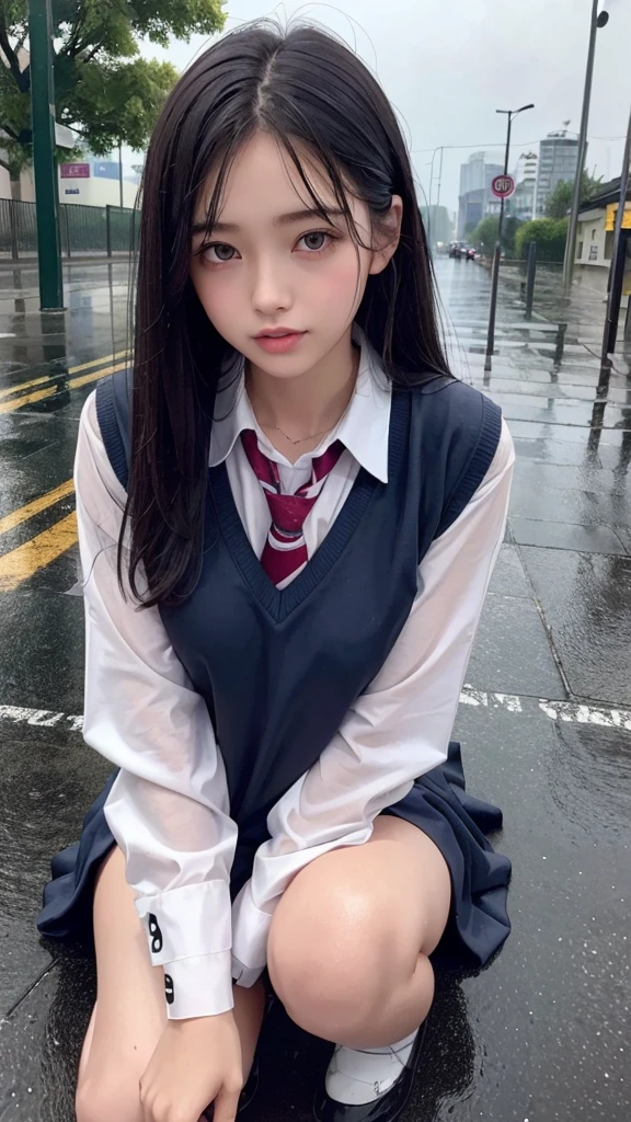 One girl, rain-wet hair, rain-wet clothes, rain-wet legs, rain-wet face, messy hair, whole body wet with rain, (((school uniform))), 20 years old, beautiful woman, pretty face, cute face, rainy cityscape