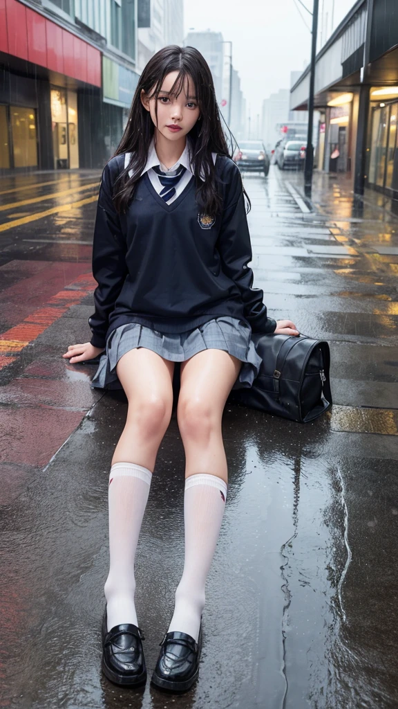 One girl, rain-wet hair, rain-wet clothes, rain-wet legs, rain-wet face, messy hair, whole body wet with rain, (((school uniform))), 20 years old, beautiful woman, pretty face, cute face, rainy cityscape