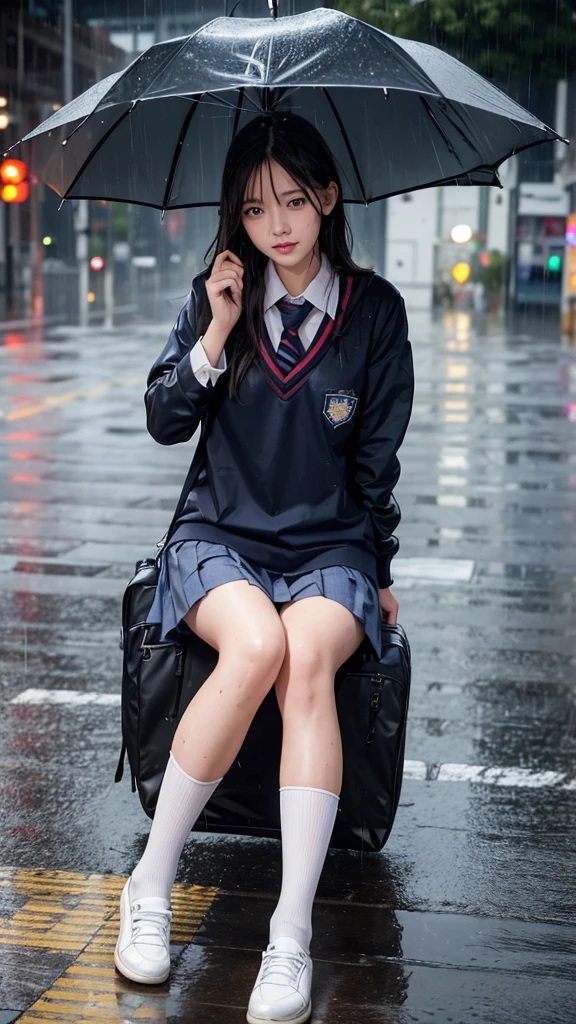 One girl, rain-wet hair, rain-wet clothes, rain-wet legs, rain-wet face, messy hair, whole body wet with rain, (((school uniform))), 20 years old, beautiful woman, pretty face, cute face, rainy cityscape