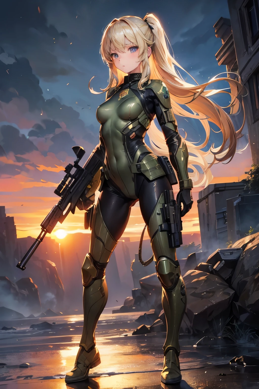 masterpiece,Highest quality,Very detailed,Fighting Beautiful Girl, ager,Long blonde hair,Beautiful and detailed eyes,skinny,Small breasts, full body,Dynamic,Camouflage combat suit,gun,battlefield,Sunset sky