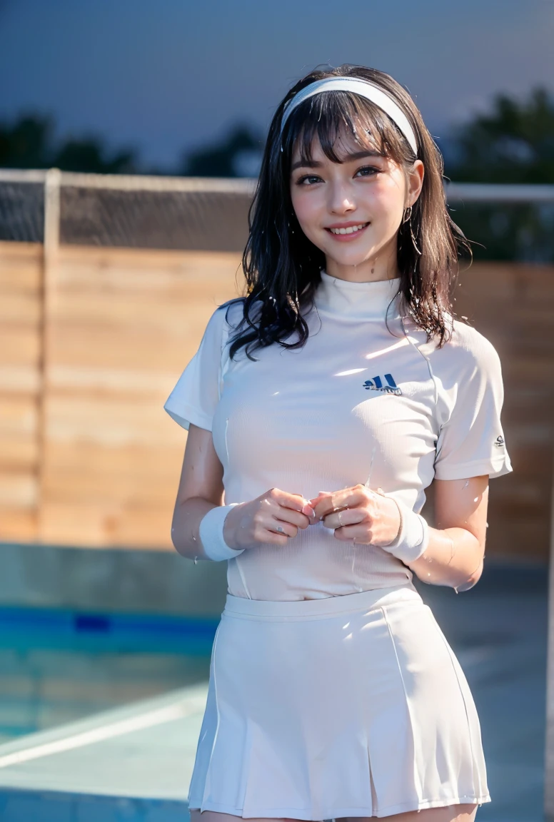 (((neat woman,cowboy shot, (((masturbation,pussy juice))),(((kind little smile:1.8,kind little smile,blush:1.8,blush,deep cheek:1.8,deep cheek:1.8,deep eyeliner:1.6))),(cinematic lighting), (Photo real:1.4)、(A hyper-realistic:1.4)、(Photorealistic:1.3)、 (gentle lighting: 1.05)、(Improve the lighting quality of your video:0.9)、 32k、25years old woman、photorealistic lighting、Back lighting、Facial Lights、Ray Trace、(bright:1.2)、(Increase quality:1.4)、 (best quality real texture skin)、Fair eyes,delicate face、 Close-up of the face, ((((Wearing the tight white tennis uniform))),(((very sweat:1.5,sweat,little wet white uniform))), high-neck:1.4,mini skirt,high-heel))),(Bodyline mood improvement:1.1)、Glossy skin、good figure,perfect anatomy,Beautiful actress,(((beautiful huge breasts:1.9,slender waist,slender hip,long slender legs,8heads tall))),(((8heads tall))),(((wavy midium hair,bangs,hairband))),(((sweat skin,shiny skin,in the beautiful modern night pool,super clean night view,in the night))), (((masturbation、Touching pussy、Masturbation)))
