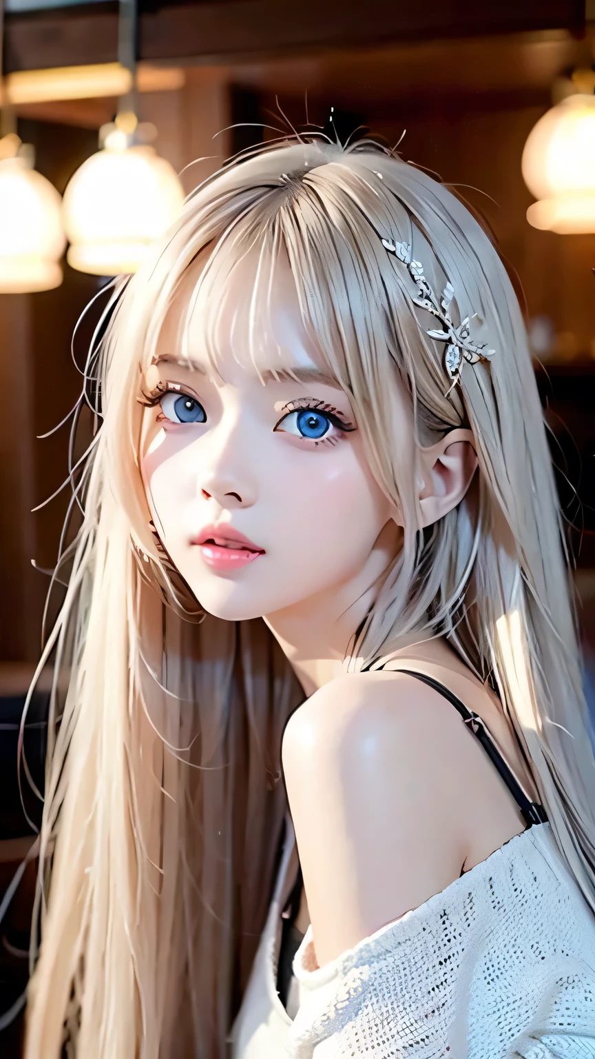 Very white and bright skin、A beautiful girl、Sexy 18 years old cute sexy little beautiful face、Shiny hair dancing in front of a pretty face、Long, silky bangs that cover the eyes、Hair that hides the face、Too long hair、Sexy cute young woman、Super long platinum blonde shiny bright hair、Big, bright blue eyes that shine so beautifully、Very big eyes、Super long straight hair、Small Face Beauty、Round face、Cheek gloss highlighter、