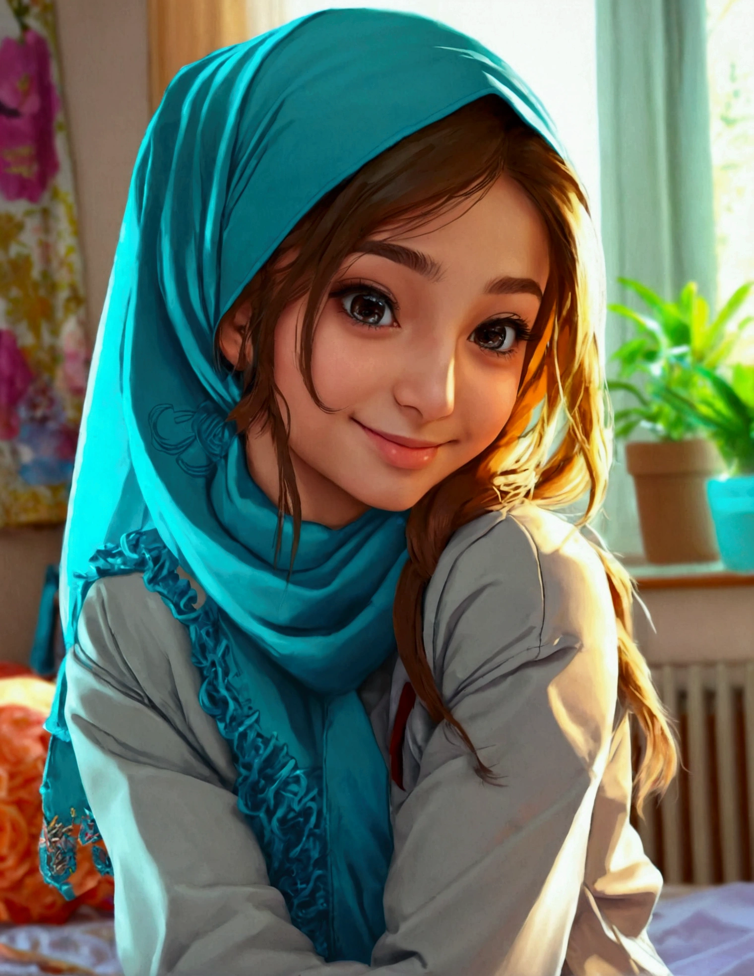 Turkish girl, hijab, (((girl abs))), huge breasts, school jacket, in the girl bedroom, selfie, muscular girl, embrassed girl, smile, slim waist, school pants, close up face, detailed face, detailed abs