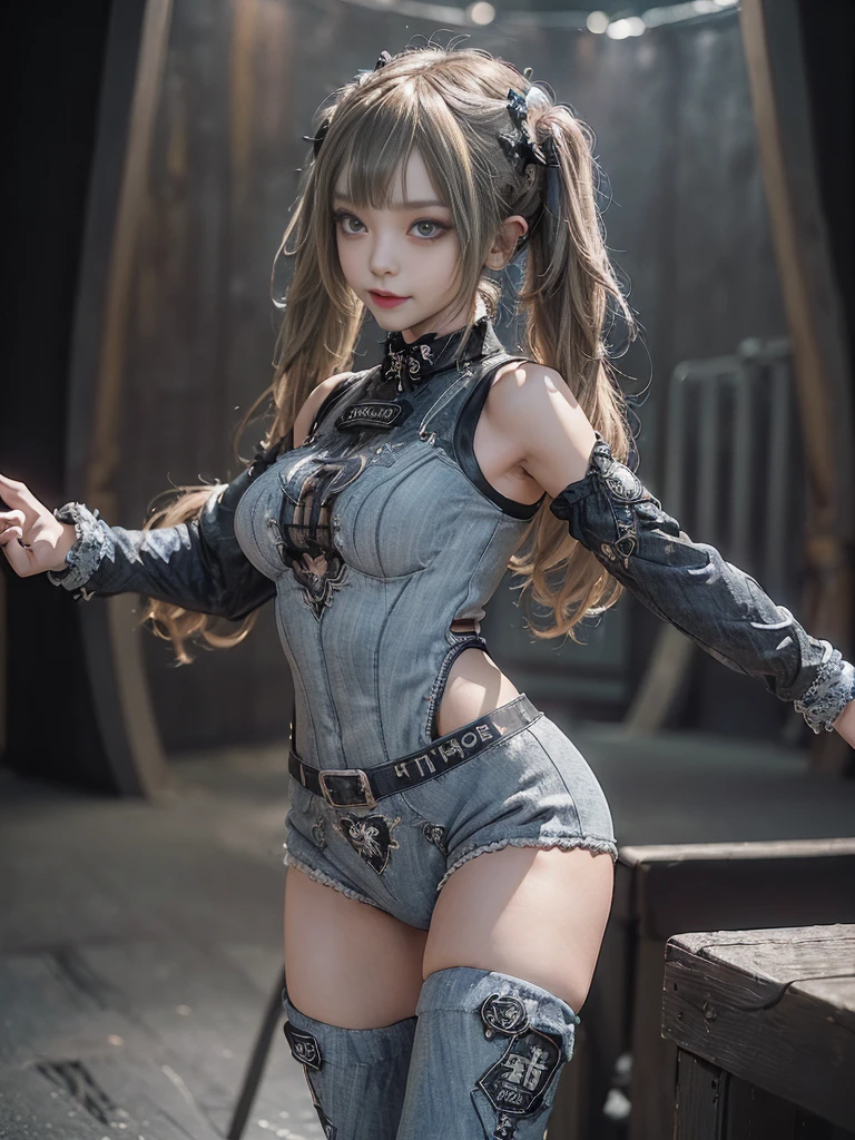 (Full Body View:1.4)、(Full body view:1.3)、(Side view:1.1)、(Smiling with teeth showing:1.3),(Shibuya Gal:1.5)、(Gothic Lolita style fashion:1.5)、(Punk RockVisual Kei:1.5)、(Wearing a rhythmic gymnastics bodysuit with intricate details:1.4)、(Racing suit and pants with intricate decorations in white, denim and charcoal:1.5)、(Denim and light blue and white boots:1.3)、((belt))、(Numerous delicate logo marks all over the costume:1.4)、(collar:1.3)、(Striped underwear:1.5)、30 years old、NSFW、((Highest quality、In 8K、masterpiece:1.3))、Sharp focus:1.2、(Layered Cut、Huge boobs:1.1),Beautiful woman with perfect figure:1.4、(Dancing vigorously:1.3)、Slender Abs:1.2、Highly detailed face and skin texture、Detailed eyes、double eyelid,(Twin tails:1.3)、(Brown-golden hair:1.3)、Gravure idol、(The background is the stage of the fashion show:1.3)、(Slim body:1.3),(Make your legs thinner:1.4),(clavicle:1.1)、(Thin and slim thighs:1.3)