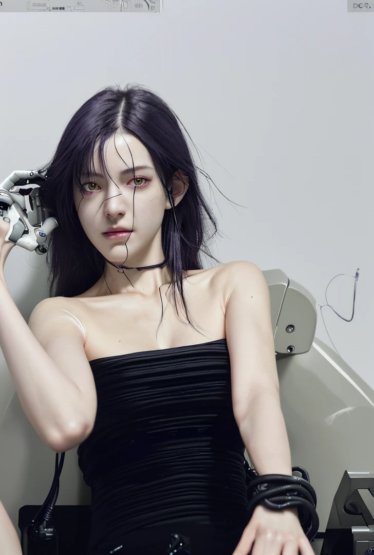 Top quality, masterpiece, Ultra-high resolution, (Reality: 1.4), RAW photos, 1 girl, Black Hair, Glowing skin, 1.Mechanical Girl, (Ultra-realistic details)), portrait, Global Illumination, shadow, Octane Rendering, 8K, Extremely sharp, Large target, Cleavage exposed rawhide, Metal, Exquisite decorative details, earphone, Hydraulic Cylinders, Very intricate details, Realistic lighting, CGSoation trends, Purple Eyes, Glowing eyes, Facing the camera, Neon light details, Mechanical limbs, Blood vessels connected to the tubes, A mechanical vertebrae attached to the back, Mechanical neck fixation device, sit, Wires and cables to the head, Cyberpunk, Small LED lights,