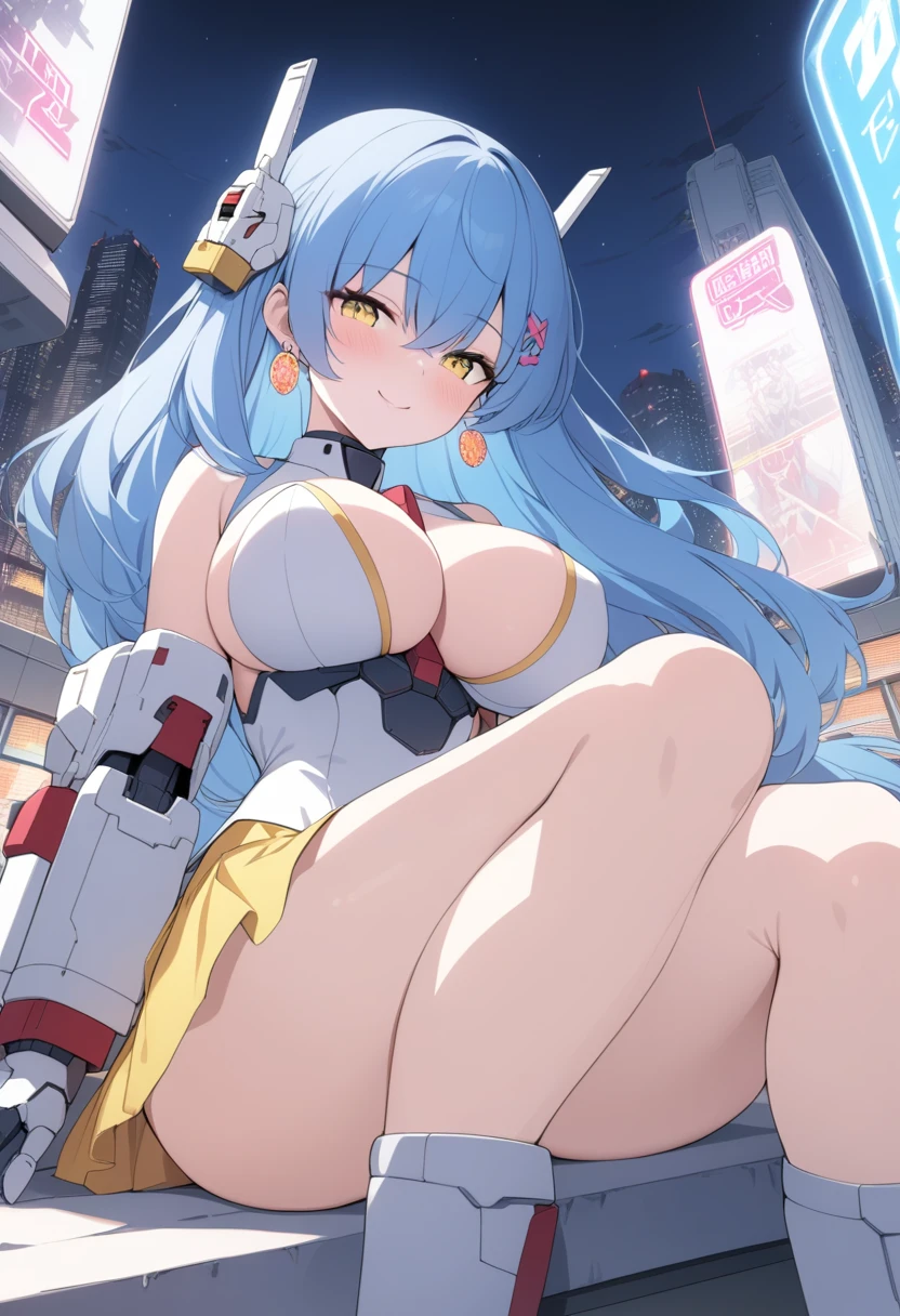 (masterpiece, best quality;1.3), Extremely detailed ,Extremely detailed,  1 Girl,Solitary,  Double tail,  Large Breasts, Smile, Gundam(rx78), Science fiction, Mecha, Blue Hair, Solitary, Hair accessories, Long hair, Double tail, Golden Eyes, Jewelry, earrings, Looking at the audience,Shinjuku city background,night, many neon lights, Moon Base, Elaborate dress, Micro Mini Skirt,  From below, sit,, Half-length photo,