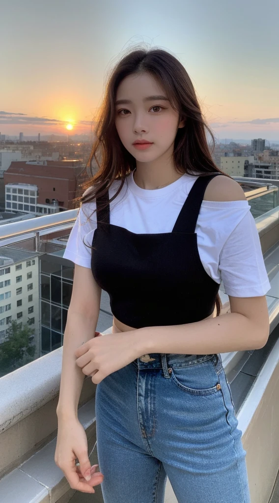 ((Midnight, Highest quality, 8K, masterpiece :1.3)), whole body, Long legs, Sharp focus :1.2, Beautiful woman with perfect figure :1.4, Slim Abs :1.1, ((Dark brown hair, Big Breasts :1.2)), (White tight T-shirt, Jean Bib, Are standing:1.2), ((Night city view, rooftop:1.3)), Highly detailed face and skin texture, Fine grain, double eyelid, sunset, Darken, Backlight, Off the shoulder