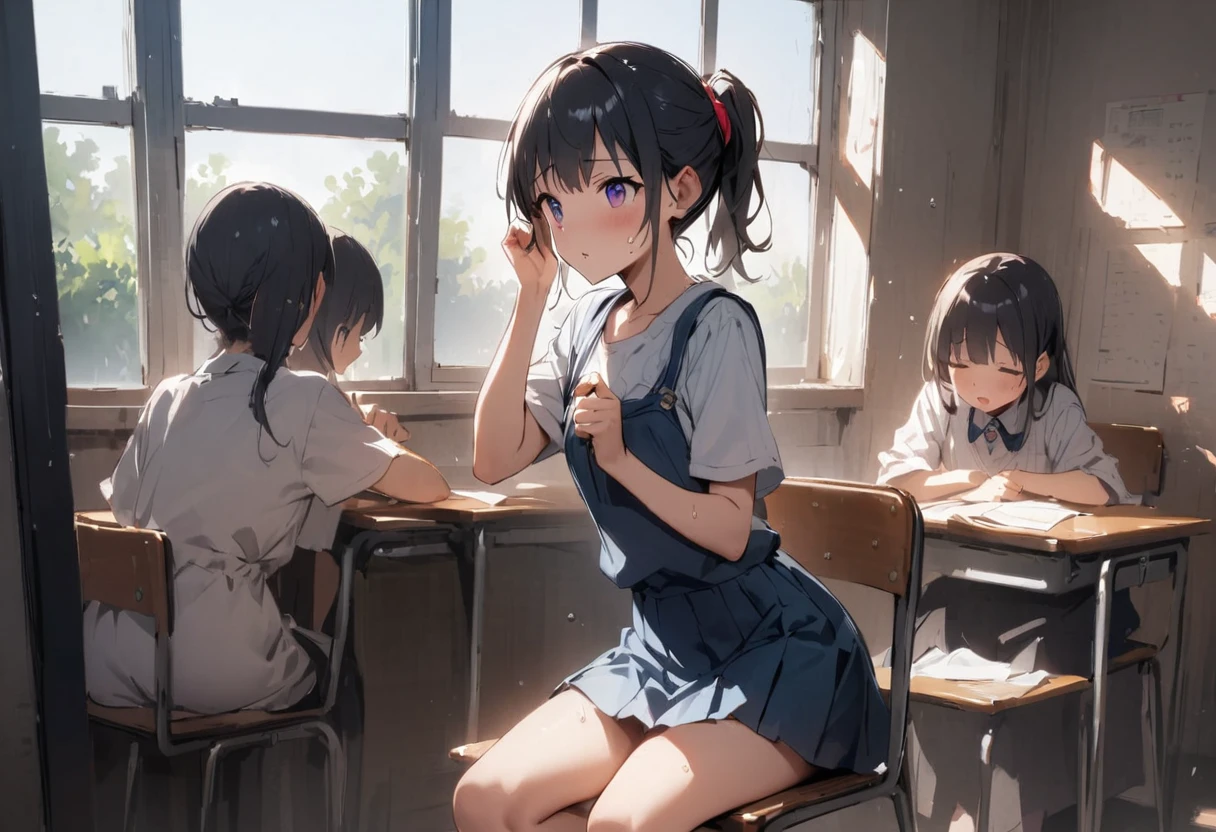 Air conditioning is broken、School、In the classroom、Sitting in a chair、Girl、Girl、Short、Younger、、Baby Face、flat chic Angle、masterpiece、best quality、ultra-detail、Summer sunshine、Miniskirt、The desks are lined up、There are several classmates behind me.、Clothing、Aze、surprise、anxiety、Sweat、window
