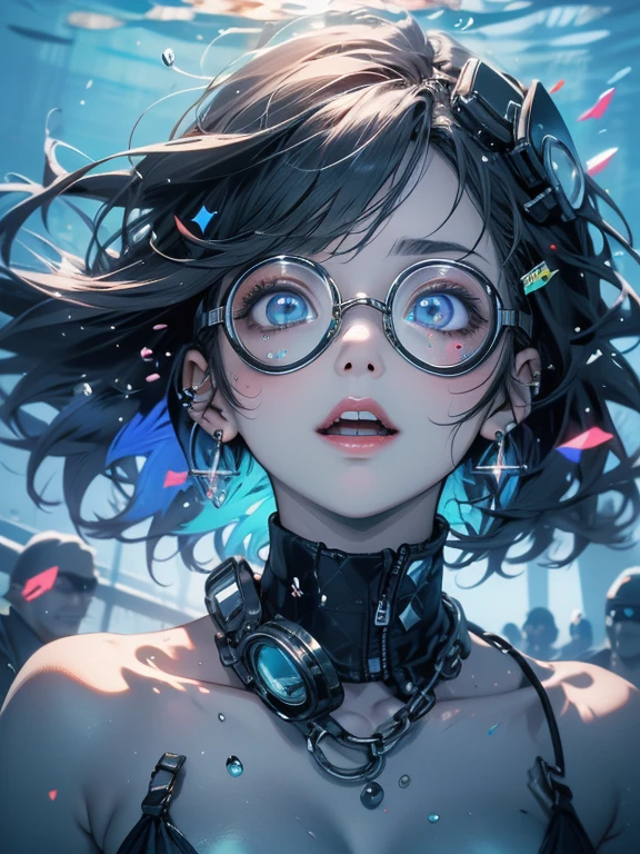 Highest quality,Highest Resolution,sexy,Swimwear,Vibrant colors,Very beautiful eyes,Big Breasts,whole body,goggles,Black Hair,In the water,no gravity