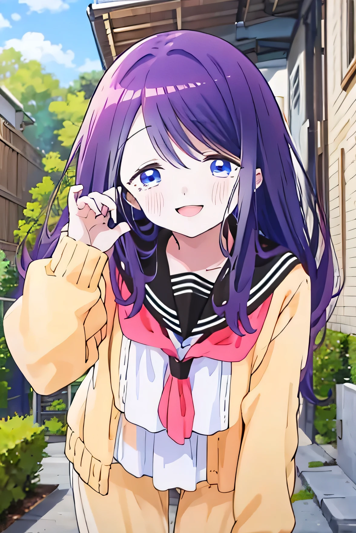 Masterpiece、Anime Coloring、Ultra fine、、、One Girl、Half Up、Open your mouth wide、Lower Angle、cowboy shot、looking at the camera、smile、blush、Watery eye、Parted bangs、Sailor suit、Brown cardigan、Half up hairstyle、Leaning forward、Garden、blue sky、sunny、Detailed fingers、Beautiful fingers、Five Fingers