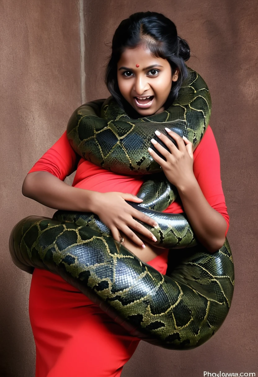 Pregnant Happy Horny, aroused 1girl), beautiful  Indian  young teen girl with  giant colossal Kaa monster squeezing her hard, wrapped in thick spiraling coils, constricted, struggle, gasping for air, snake attack, snake peril,