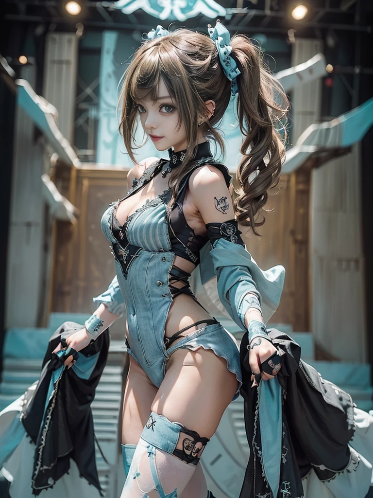 (Full Body View:1.4)、(Side view:1.2)、(Smiling with teeth showing:1.3),(Shibuya Gal:1.5)、(Gothic Lolita style fashion:1.5)、(Punk RockVisual Kei:1.5)、(Wearing a rhythmic gymnastics bodysuit with intricate details:1.4)、(Cloak de cour with delicate decorations in white, denim and turquoise:1.5)、(Denim with turquoise and white boots:1.3)、((belt))、(Numerous delicate logo marks all over the costume:1.4)、(collar:1.3)、(Striped underwear:1.5)、30 years old、NSFW、((Highest quality、In 8K、masterpiece:1.3))、Sharp focus:1.2、(Layered Cut、Beautiful boobs:1.1),Beautiful woman with perfect figure:1.4、(Doing an aerobics pose:1.3)、Slender Abs:1.2、Highly detailed face and skin texture、Detailed eyes、double eyelid,(Twin tails:1.3)、(Brown-golden hair:1.3)、Gravure idol、(The background is the stage of the fashion show:1.3)、(Slim body:1.3),(Make your legs thinner:1.4),(clavicle:1.1)、(Thin thighs:1.2)