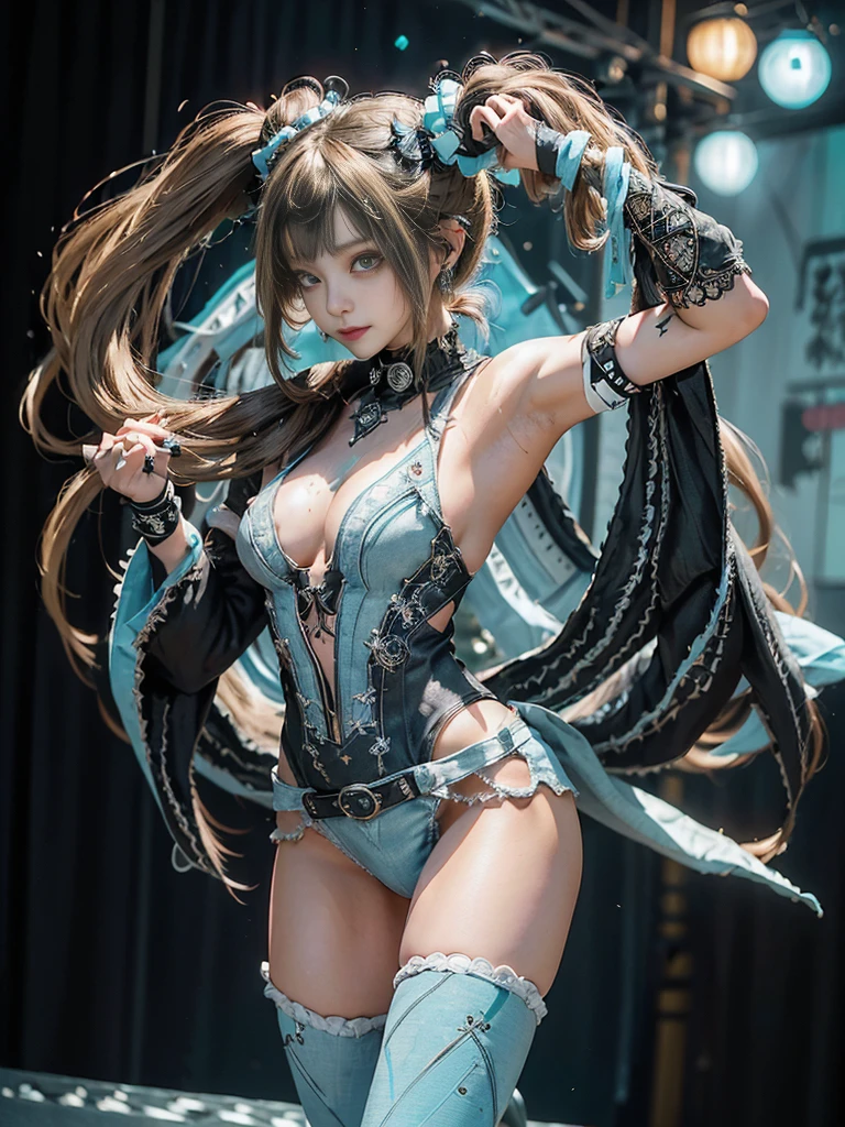 (Full Body View:1.4)、(Side view:1.2)、(Smiling with teeth showing:1.3),(Shibuya Gal:1.5)、(Gothic ta style fashion:1.5)、(Punk RockVisual Kei:1.5)、(Wearing a rhythmic gymnastics bodysuit with intricate details:1.4)、(Cloak de cour with delicate decorations in white, denim and turquoise:1.5)、(Denim with turquoise and white boots:1.3)、((belt))、(Numerous delicate logo marks all over the costume:1.4)、(collar:1.3)、(Striped underwear:1.5)、30 years old、NSFW、((Highest quality、In 8K、masterpiece:1.3))、Sharp focus:1.2、(Layered Cut、Beautiful boobs:1.1),Beautiful woman with perfect figure:1.4、(Doing an aerobics pose:1.3)、Slender Abs:1.2、Highly detailed face and skin texture、Detailed eyes、double eyelid,(Twin tails:1.3)、(Brown-golden hair:1.3)、Gravure idol、(The background is the stage of the fashion show:1.3)、(Slim body:1.3),(Make your legs thinner:1.4),（clavicle:1.1）、(Thin thighs:1.2)