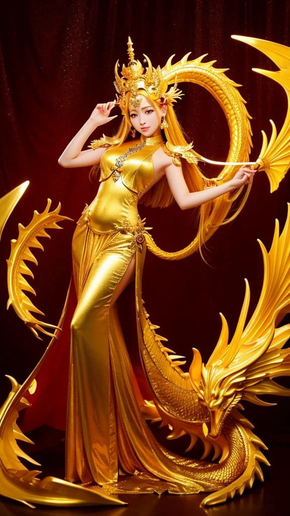 Golden dragon on background、Goddess、Goddessを大きく正面向き、No exposure