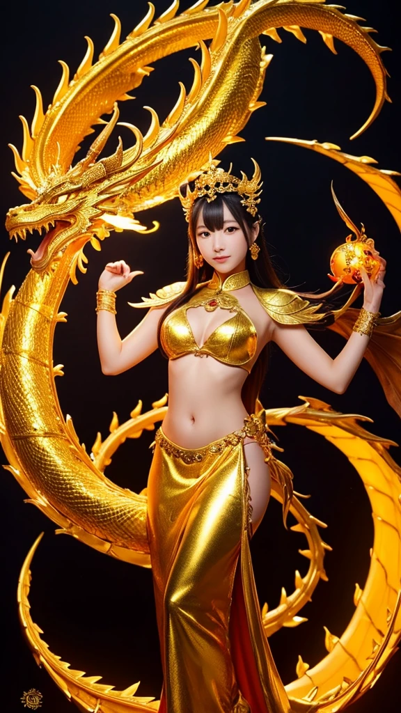 Golden dragon on background、Goddess、Goddessを大きく正面向き、No exposure