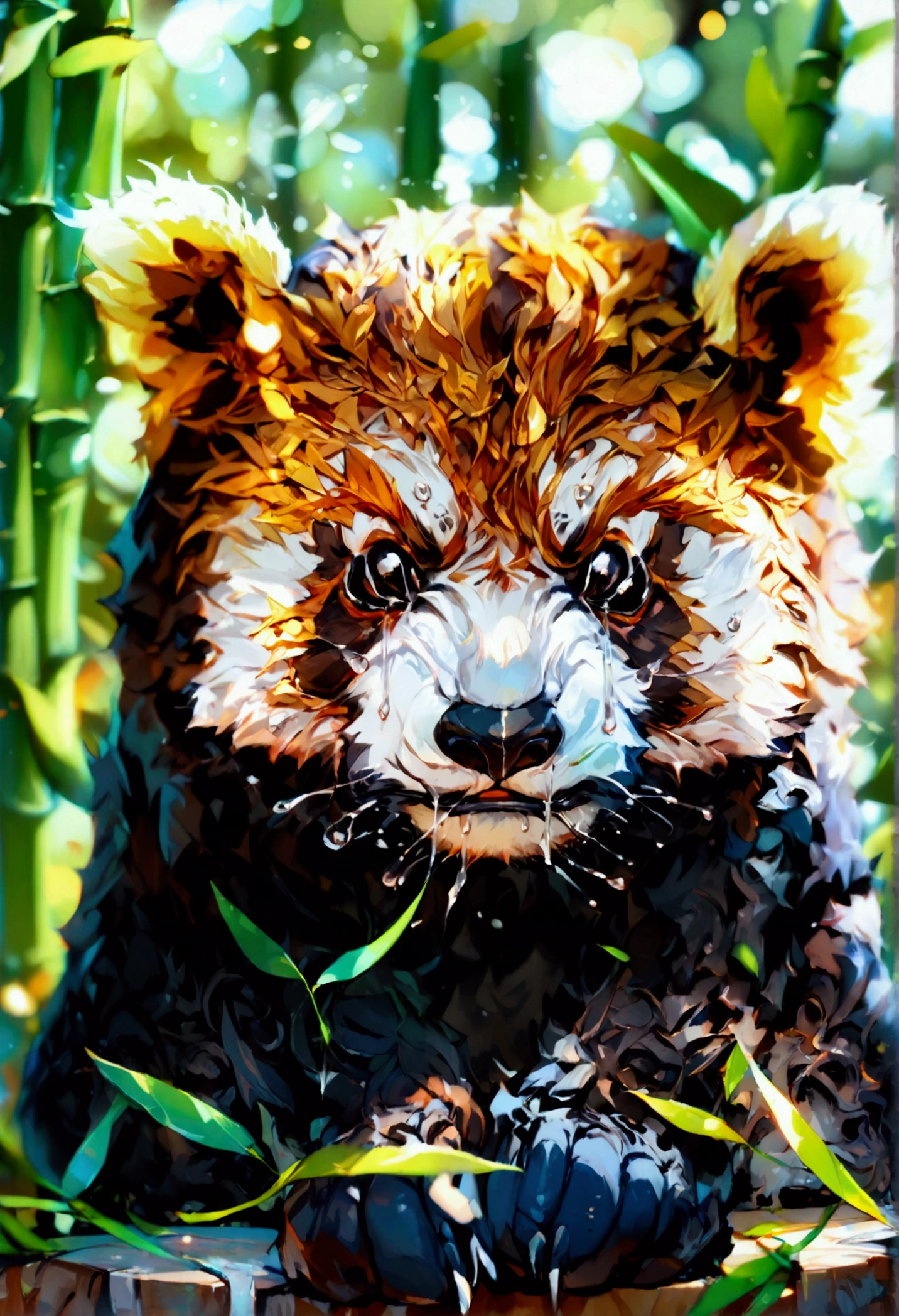 List of cute Chinese giant panda emojis,cartoon animals,A green bamboo leaf on the head,Hands on hips,Short legs, (((unhappy,Cried sadly,Angry expression,甩头Angry expression))) , (((Detailed panda animal portrait table,Front view,side view,three quarter view))) (((White background))),masterpiece,Extreme details,8K resolution,panoramic,Depth of Field