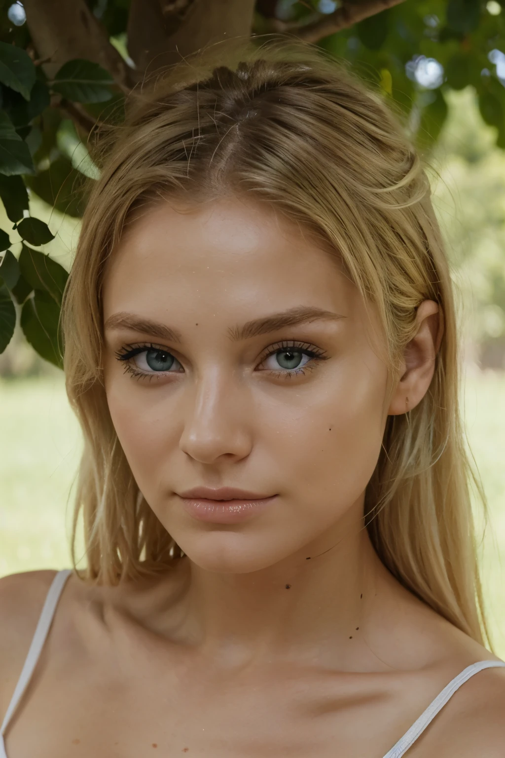 Visage d’une femme blonde avec des yeux vert de 27 ans avec un regard naturel