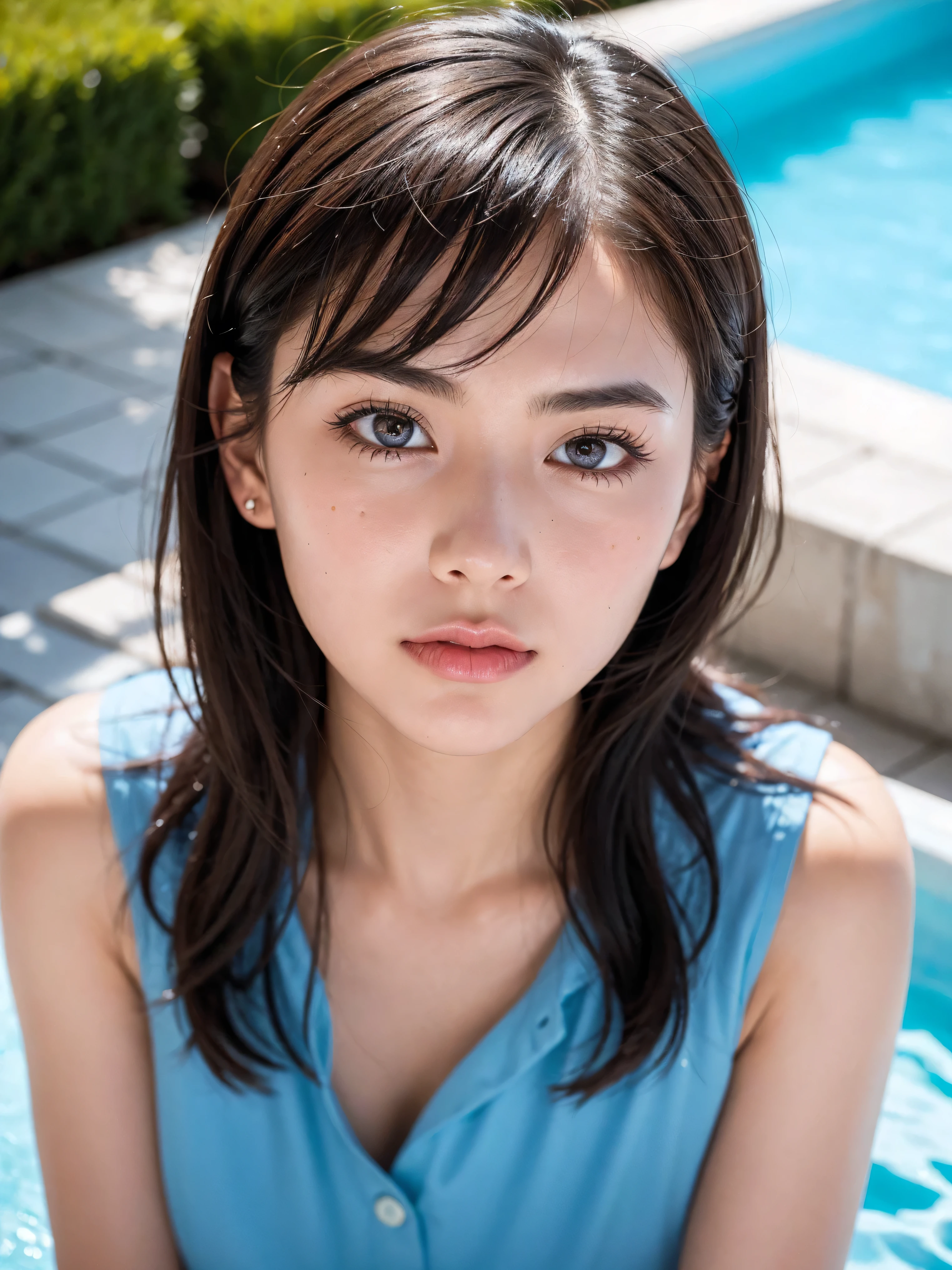Here's the prompt:
A stunning young woman in her mid-twenties, mid-parted hair perfectly imperfect with subtle blush and goosebumps on flawless skin, textured and dry with visible details, subsurface scattering and realistic dull skin noise. Fingers appear perfect, remarkable colors emphasized throughout. She wears a vintage-inspired uniform: fitted blouse, high-waisted pants. Shot in RAW format with photorealistic quality, soft bounced lighting, upper body framing following the rule of thirds (1.3). Enhance to 128k resolution, focus on upper body, capturing every detail of her striking features: huge breasts, captivating eyes. Set against a dynamic background, she lounges by the pool's edge in an Ultra HDTV scene bathed in cinematographic light. Her detailed facial features, accurate skin texture, dark-blue eyes with double eyelids captivate the viewer. Thin eyebrows frame natural cheeks, fair skin glows beneath glitter eyeliner. Glossy lips curve into a subtle, seductive smile as she stares directly at the camera from above, tie-dyed brown hair tied in ponytail framing her face. Intimate overhead shot focuses on her captivating gaze, highlighting innocent charm and notable physical attributes.