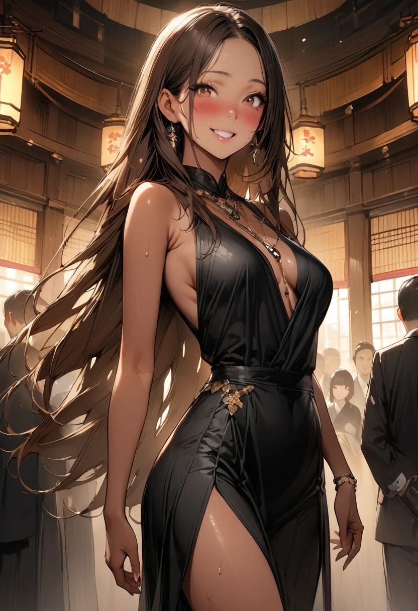 ((masterpiece,Highest quality:1.3,best quality illustration,realistic:1.3)),cowboy shot,独奏,1woman,(Mature Japan beauties)、brown hair,long hair,center parted bangs,brown eyes,gorgeous big eyes,((very small head:1.3)),blush,smile,((very long body:1.2,skinny)),medium breasts,(tan skin:1.5), (gleaming skin,toned body,slender body),sweat,(Black sleeveless dress、Black pleated mini skirt)、Luxurious party venue、