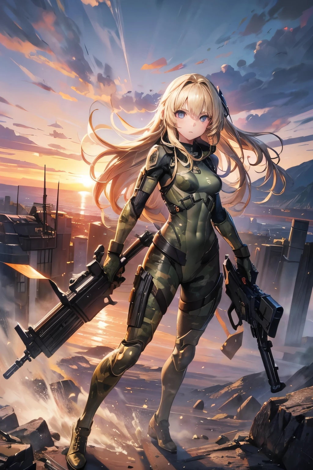 masterpiece,Highest quality,Very detailed,Fighting Beautiful Girl, teenager,Long blonde hair,Beautiful and detailed eyes,skinny,Small breasts, full body,Dynamic,Camouflage combat suit,gun,battlefield,Sunset sky