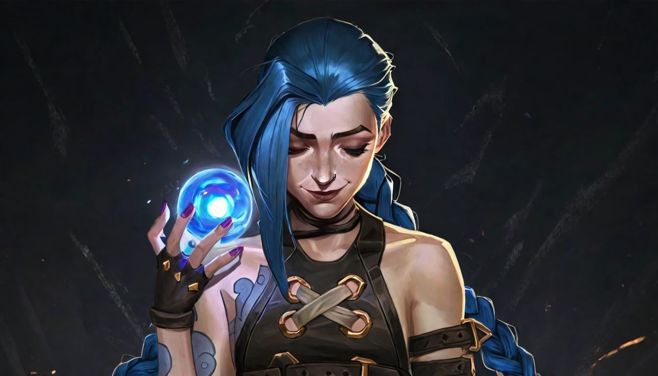 best aesthetic, arcane, arcane jinx hextech gemstone, 1girl, solo, long hair, looking at viewer, smile, bangs, gloves, bare shoulders, blue hair, braid, black gloves, shiny, fingerless gloves, pink eyes, nail polish, shiny hair, twin braids, gradient, hands up, gradient background, tattoo, glowing, black background, pink nails, brown gloves, asymmetrical bangs, arm tattoo, shoulder tattoo, jinx \(league of legends\), a woman with blue hair and a black leather jacket. She is wearing a black leather jacket and has blue hair. Her eyes are closed, and she is holding a crystal ball in front of her face. The scene is set in a dark room, with the woman standing in front of a wall. The overall atmosphere of the artwork is mysterious and intriguing, as the woman's closed eyes and the crystal ball create a sense of enigma and wonder. The combination of the woman's unique appearance and the mysterious object she is holding adds to the captivating nature of the image.