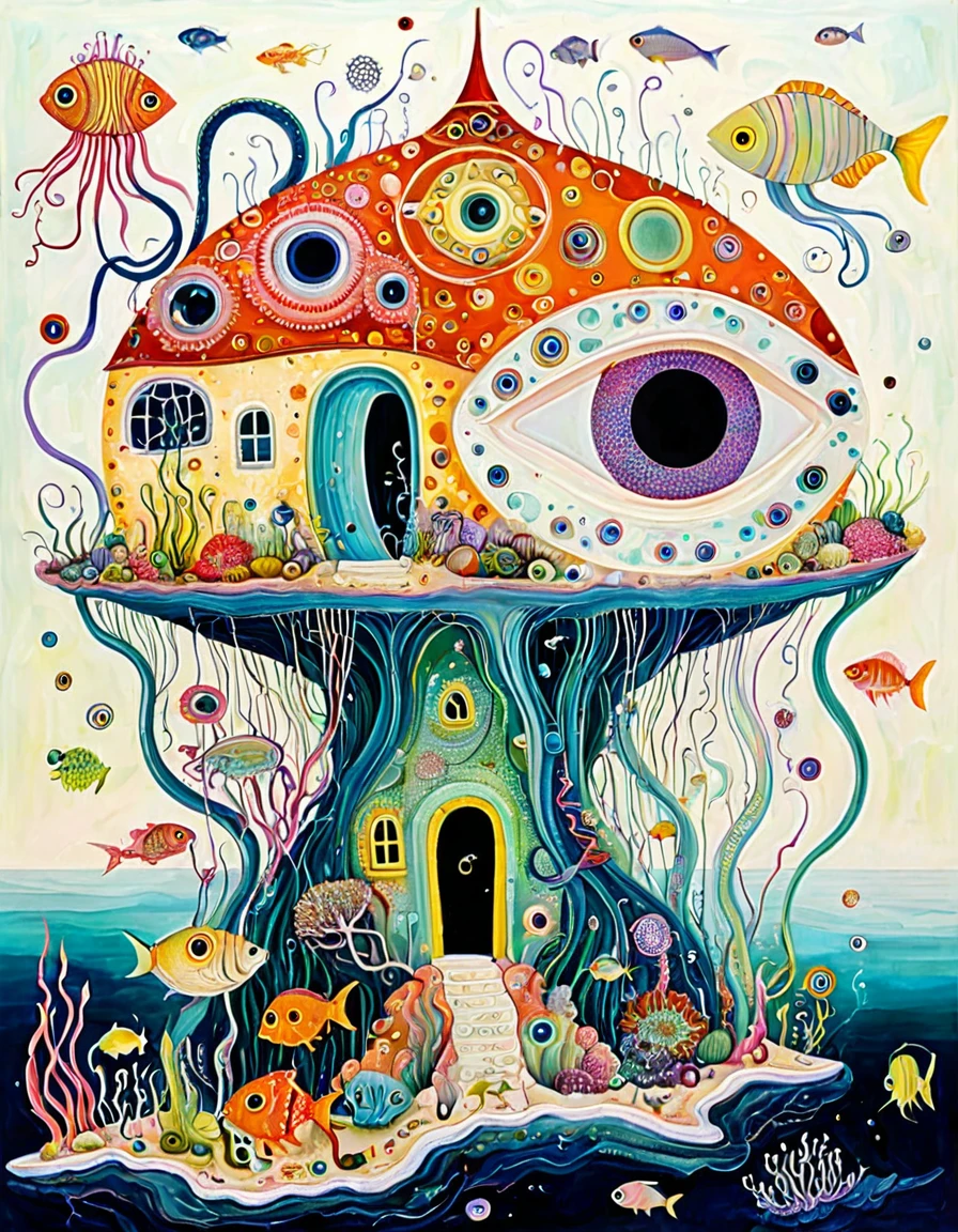 "Dick Ellescas Artist Style",A strange house on a calm sea,fish,,Tentacles,Eye、diatom,Stitching together an abstract painting,Describing the inner world of autistic people,Sense of space,White Space,interesting,Innocence,Psychedelic Art,theme