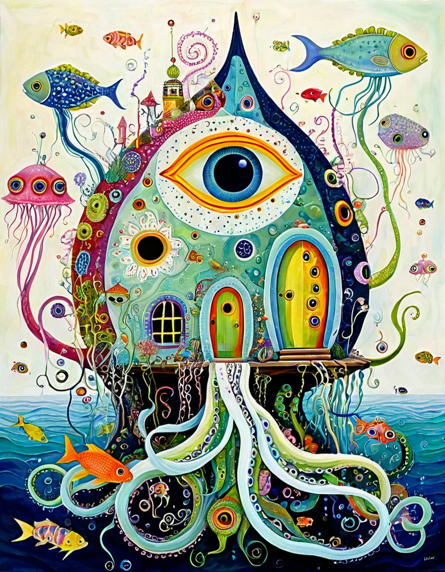 "Dick Ellescas Artist Style",A strange house on a calm sea,fish,,Tentacles,Eye、diatom,Stitching together an abstract painting,Describing the inner world of autistic people,Sense of space,White Space,interesting,Innocence,Psychedelic Art,theme