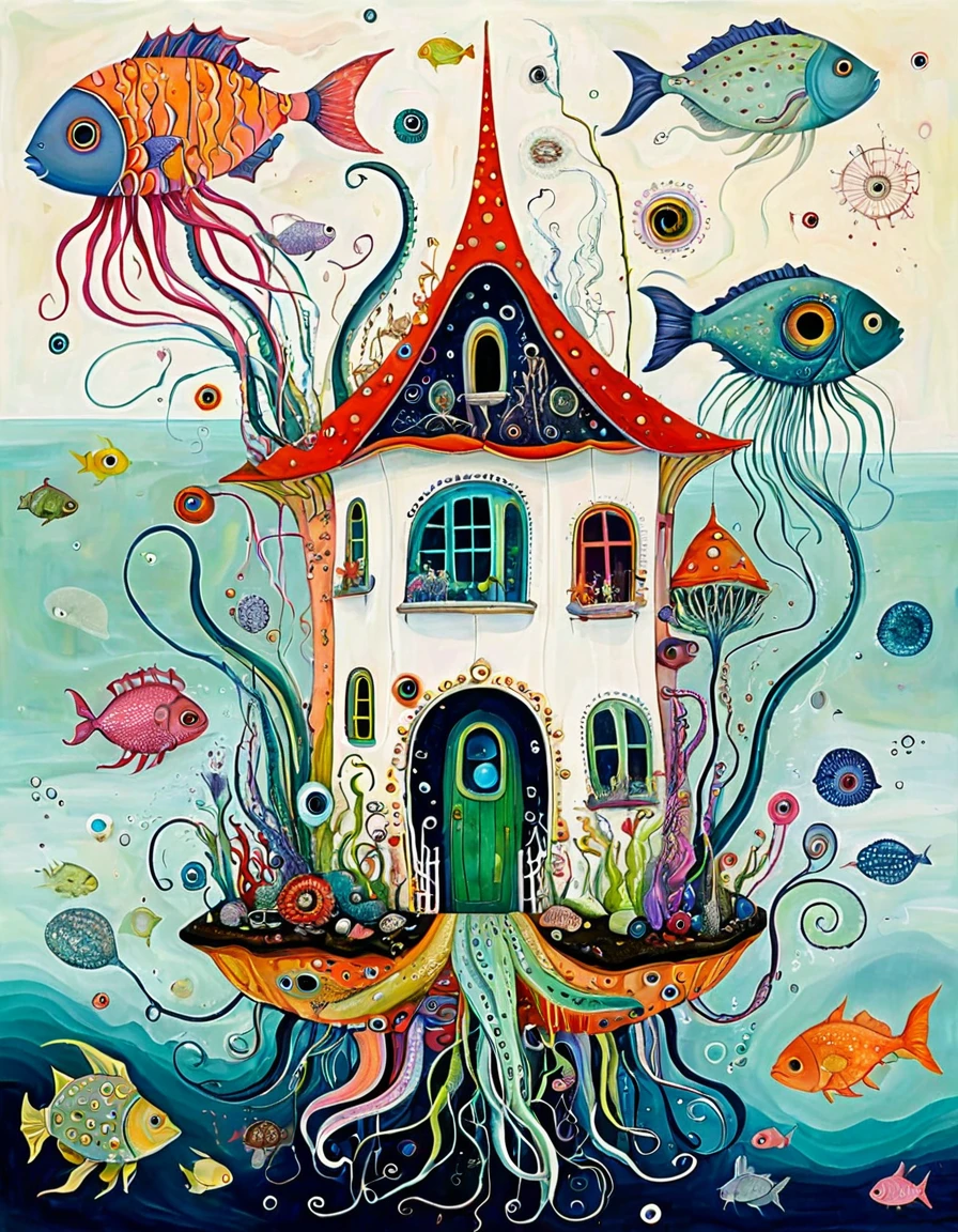 &quot;Dick Ellescas Artist Style&quot;,A strange house on a calm sea，fish，，Tentacles，Eye、diatom，Stitching together an abstract painting，Describing the inner world of autistic people，Sense of space，White Space，interesting，Innocence，Psychedelic Art，theme