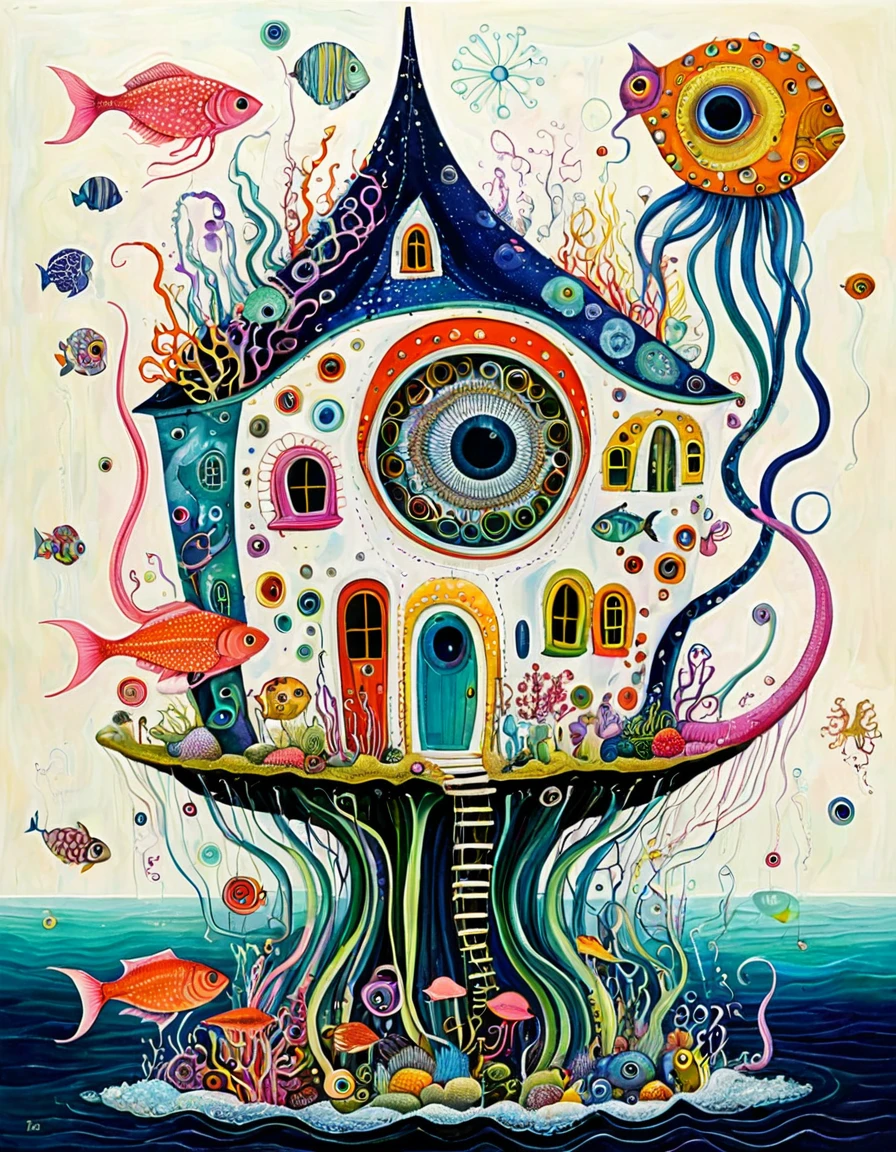 &quot;Dick Ellescas Artist Style&quot;,A strange house on a calm sea，fish，，Tentacles，Eye、diatom，Stitching together an abstract painting，Describing the inner world of autistic people，Sense of space，White Space，interesting，Innocence，Psychedelic Art，theme