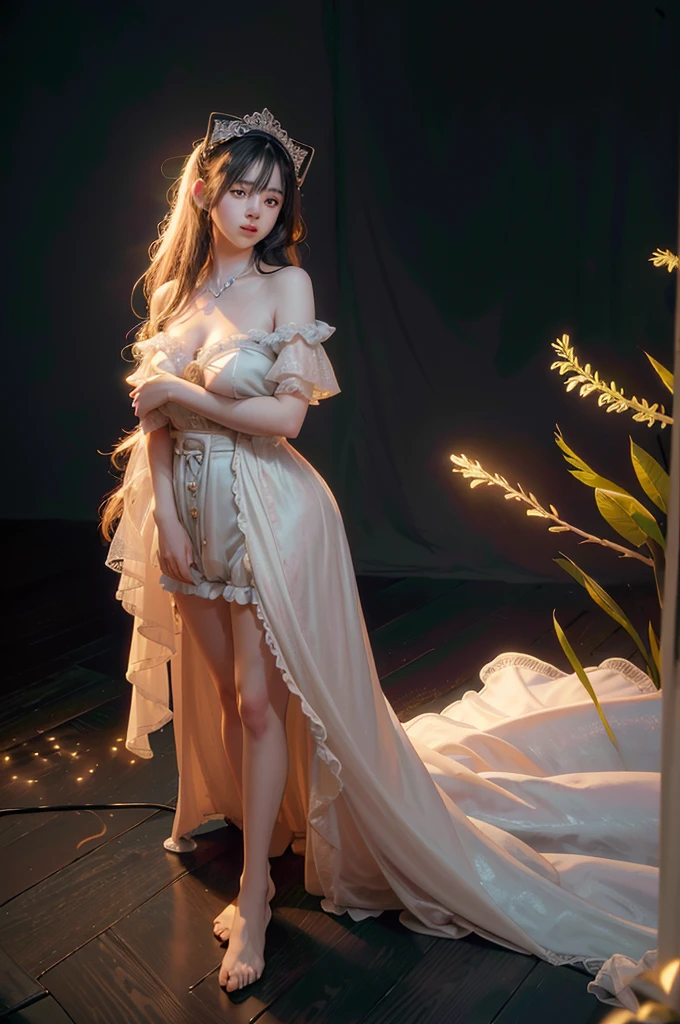 ((You may be one person to the world but you may also be the world to one person, paradox, Adrian Ghenie, jenny saville, edward hopper, dark art by James Jean, Takato Yamamoto)),(RAW photo, best quality), ((Nostalgia,1980s syle)),(A girl with a literary atmosphere:1.2),(realistic, photo-realistic:1.3), extremely delicate and beautiful, Amazing, finely detail, masterpiece, ultra-detailed, highres,best illustration, best shadow,intricate,depth of field,1girl,(long legs:1.4),long hair,messy hair,((((low key,dark scene,dimly lit)))),fat,(((soft lighting:1.4))),(pale skin:1.4),(shy smile),(cinematic angle),sharp focus, volumetric fog, 8k UHD, DSLR, high quality,( film grain:1.4), Fujifilm XT3,(looking at viewer)