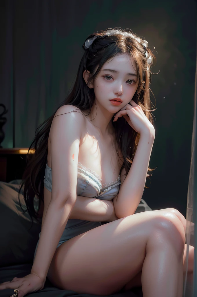 ((You may be one person to the world but you may also be the world to one person, paradox, Adrian Ghenie, jenny saville, edward hopper, dark art by James Jean, Takato Yamamoto)),(RAW photo, best quality), ((Nostalgia,1980s syle)),(A girl with a literary atmosphere:1.2),(realistic, photo-realistic:1.3), extremely delicate and beautiful, Amazing, finely detail, masterpiece, ultra-detailed, highres,best illustration, best shadow,intricate,depth of field,1girl,(long legs:1.4),long hair,messy hair,((((low key,dark scene,dimly lit)))),fat,(((soft lighting:1.4))),(pale skin:1.4),(shy smile),(cinematic angle),sharp focus, volumetric fog, 8k UHD, DSLR, high quality,( film grain:1.4), Fujifilm XT3,(looking at viewer)
