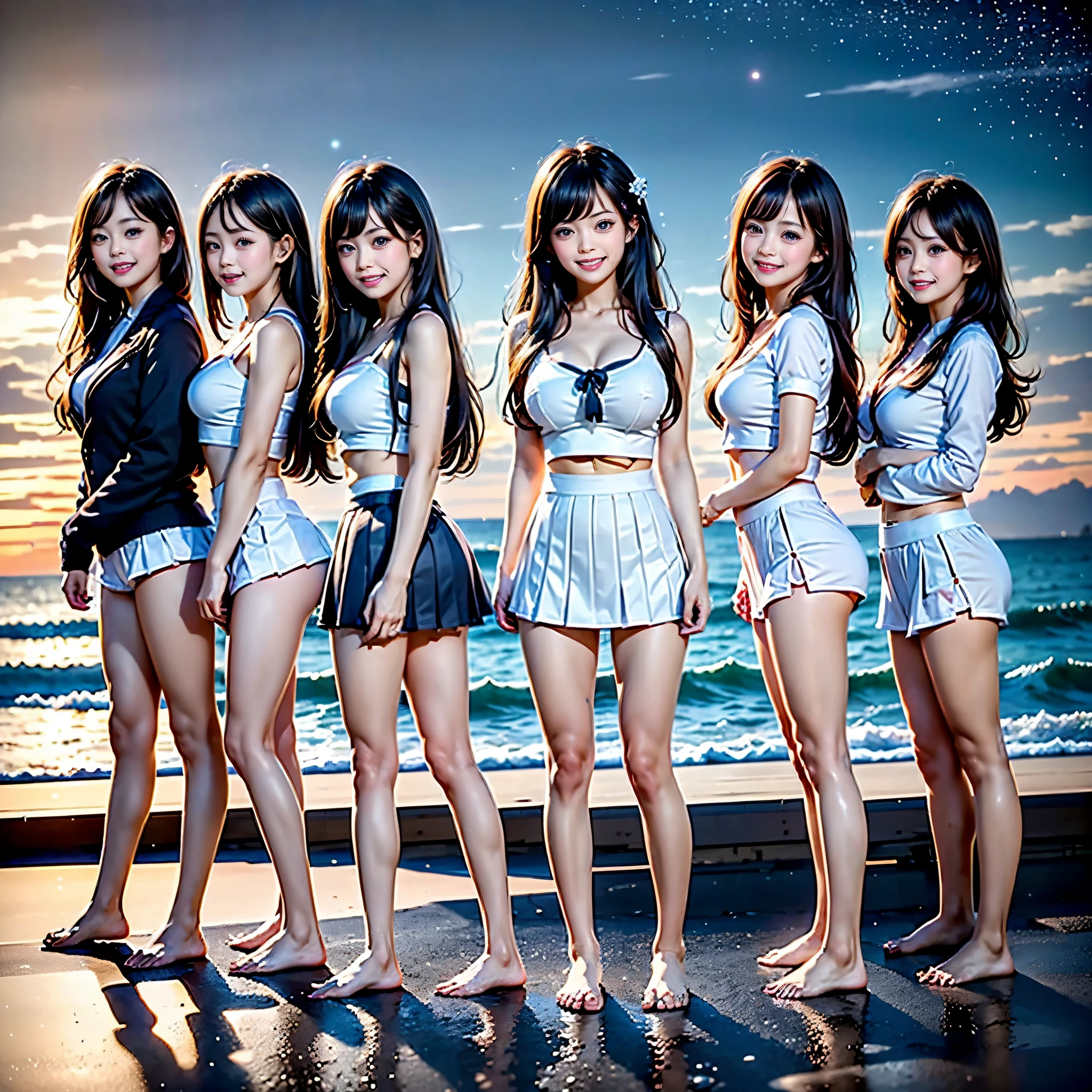 ((ExtremelyDetailed (12 PUNIPUNI KAWAII Girls in a row:1.37) in WHITE at Dusk Enoshima Beach)), (masterpiece 8K TopQuality) (ProfessionalPhoto:1.37), {(Standing Full Body:1.2)|(from below:1.2)}, Different types of hair colors, {(skinny(SchoolSwimwear))|(SchoolUniform with Low Rise Micro Shorts)}, {Detailed Childish hand|Hidden hand|Armpit|Different types of breasts of various sizes from HUGE to FLAT|(Clearly Visible the shape of Butt)}, Joyful Expressions LifeLike Rendering, PerfectLighting, (Dazzling RainbowColorHorizon), (Starry IridescentParticles:1.32) ColorfulClouds, (Acutance:0.8)(((from Side below))) (on the edge ofsurf) sparkling splashing water