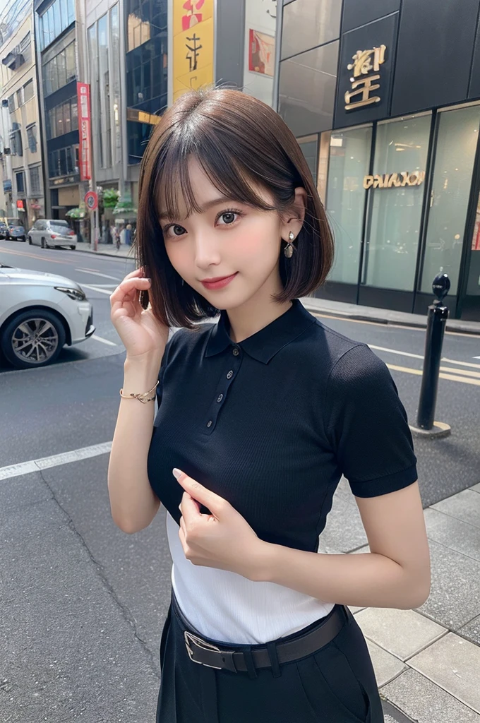 (8k, RAW photo, top quality, masterpiece: 1.2), (realistic, photorealistic: 1.37), three-dimensional, ((ultra detail, ultra high resolution, beautiful detailed face):1.3), one girl, beholder, constriction, (slim waist), beautiful detailed skin, skin texture, floating hair, professional lighting, (Japanese beautiful cute girl:1.2), long hair, bob cut, beautiful hair, 20 years old, attractive breasts, round breasts, (huge breasts:1.3), (full body:1.4), standing, in the city sidewalk, smiles, bracelet, earing, deep dark brown color wide pants, dark color small cute belt, (deep blue thin polo shirt:1.2)