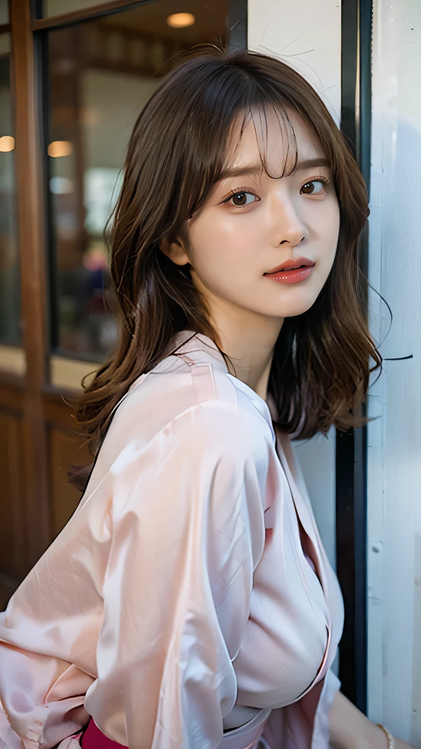 (8K、Raw photo、Highest quality、masterpiece:1.2)、(Realistic、Realistic:1.37)、Ultra-high resolution、One Girl、cute、alone, Browsing Caution,Highest quality,masterpiece,8K,Droopy eyes,Big Breasts,Beautiful breasts, Pink Yukata, hostel, Always detailed face, Highly detailed lips, double eyelid, Exquisite detail and subtle sparkle, Photograph her in poses that reflect both grace and confidence, Enhance visual effects with cinema lighting. Use modern 2D designs for your backgrounds, Create beautifully, Balanced composition. Enhance the scene with elements such as depth of field, bloom effect, And a touch of sparkle, Adds a dreamy texture to the entire image. Pay close attention to detail