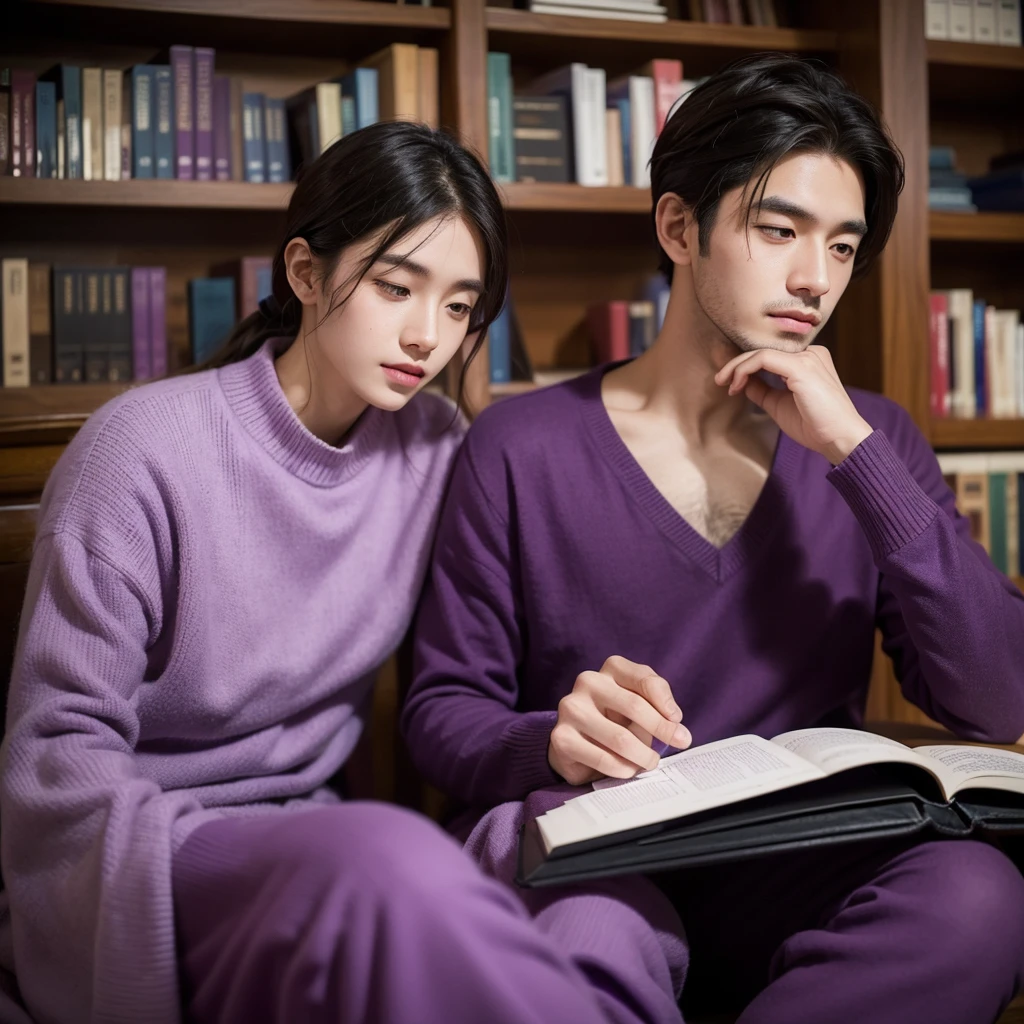A thoughtful and dedicated man, dressed in purple clothing, representing the INTJ (Architect) MBTI personality type. He is depicted with a focused and caring expression, holding his girlfriend's hand with a sense of deep commitment. They are in a serene and intellectually stimulating environment, such as a cozy library or a peaceful study, highlighting his strategic thinking and loyalty. The colors should be vivid, with the purple of his attire emphasizing his personality type.