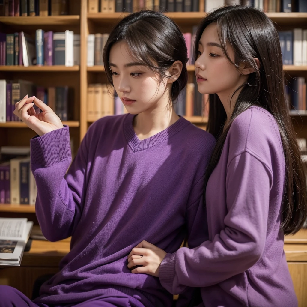A thoughtful and dedicated man, dressed in purple clothing, representing the INTJ (Architect) MBTI personality type. He is depicted with a focused and caring expression, holding his girlfriend's hand with a sense of deep commitment. They are in a serene and intellectually stimulating environment, such as a cozy library or a peaceful study, highlighting his strategic thinking and loyalty. The colors should be vivid, with the purple of his attire emphasizing his personality type.