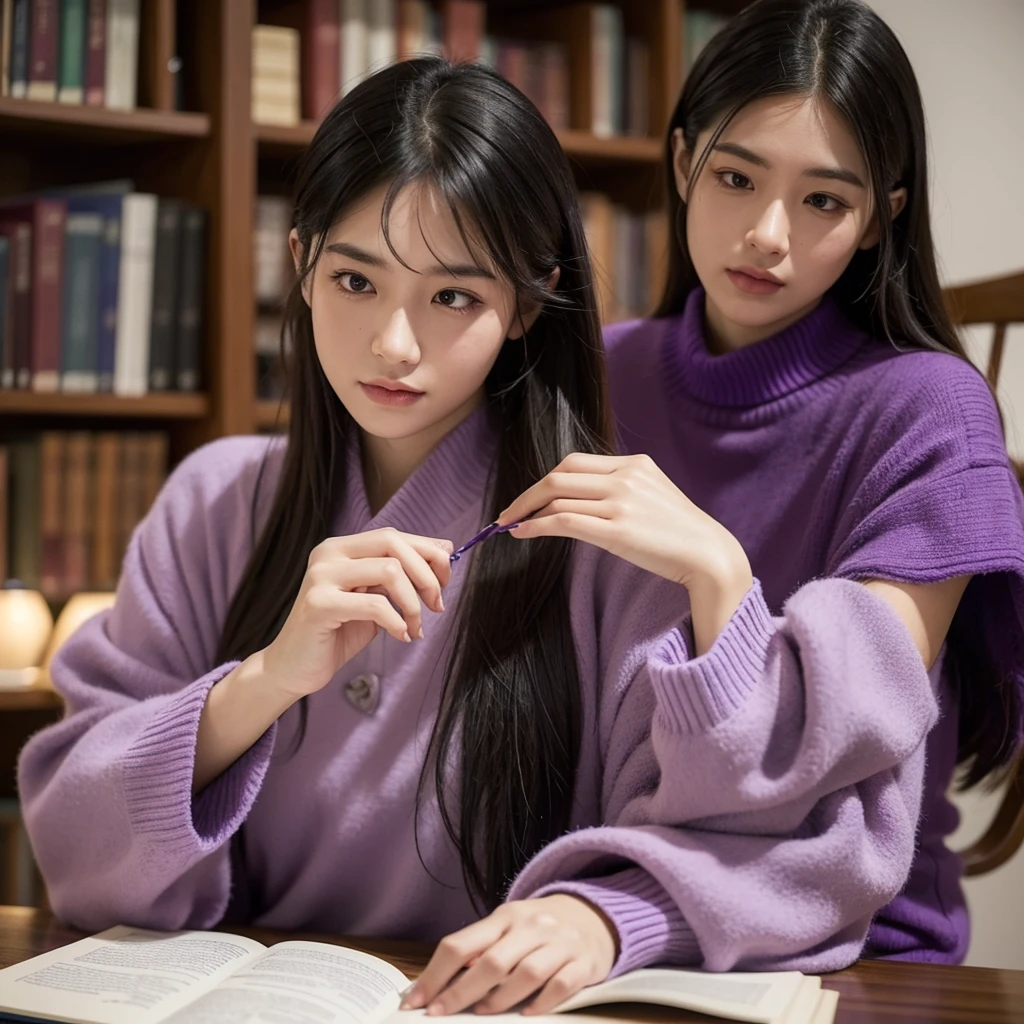 A thoughtful and dedicated man, dressed in purple clothing, representing the INTJ (Architect) MBTI personality type. He is depicted with a focused and caring expression, holding his girlfriend's hand with a sense of deep commitment. They are in a serene and intellectually stimulating environment, such as a cozy library or a peaceful study, highlighting his strategic thinking and loyalty. The colors should be vivid, with the purple of his attire emphasizing his personality type.