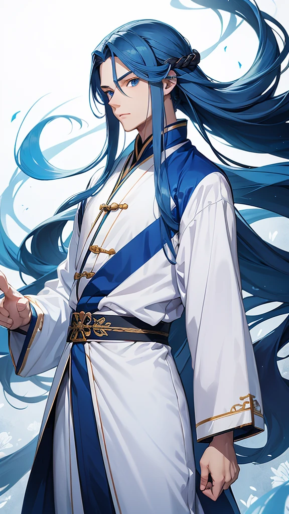 A young man, without a beard, long blue hair, Blue eyes, White skin, china, Hanfu, blue clothes