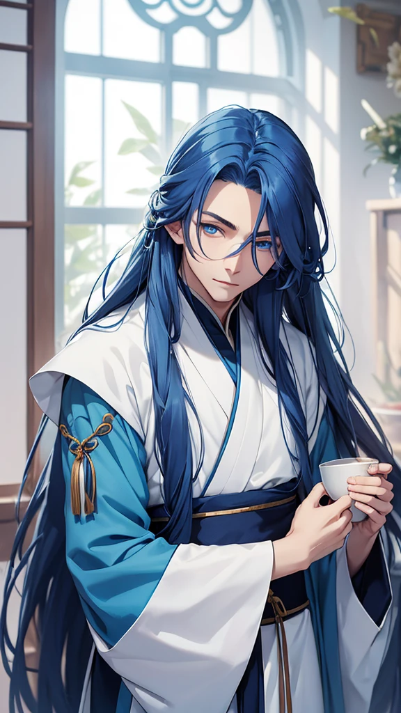 A young man, without a beard, long blue hair, Blue eyes, White skin, china, Hanfu, blue clothes